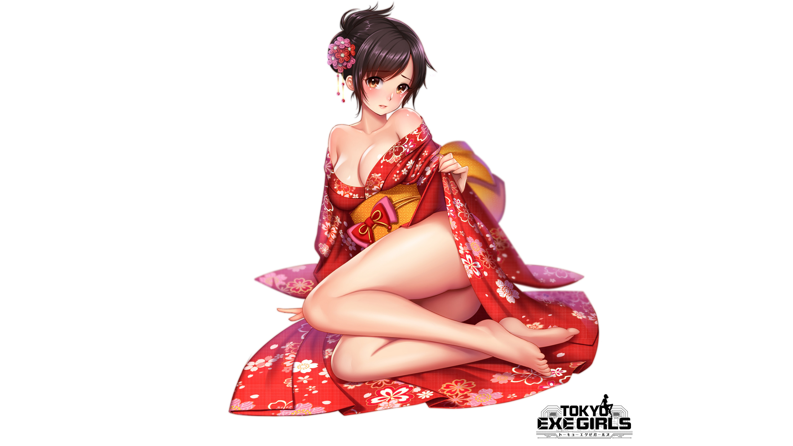 Download wallpaper girl, sexy, yukata, cleavage, boobs, anime, beautiful,  short hair, section seinen in resolution 2560x1440