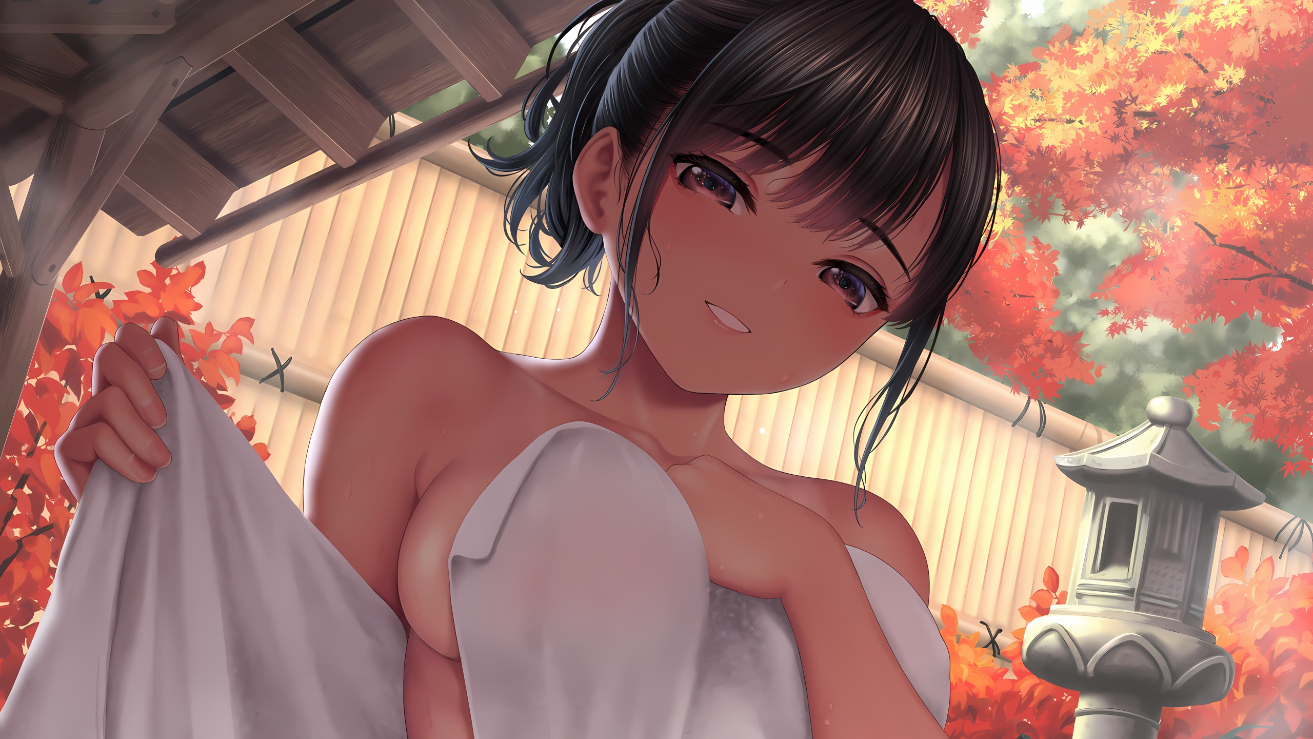 Download wallpaper girl, sexy, cleavage, boobs, anime, beautiful, short  hair, purple eyes, section seinen in resolution 2560x1440