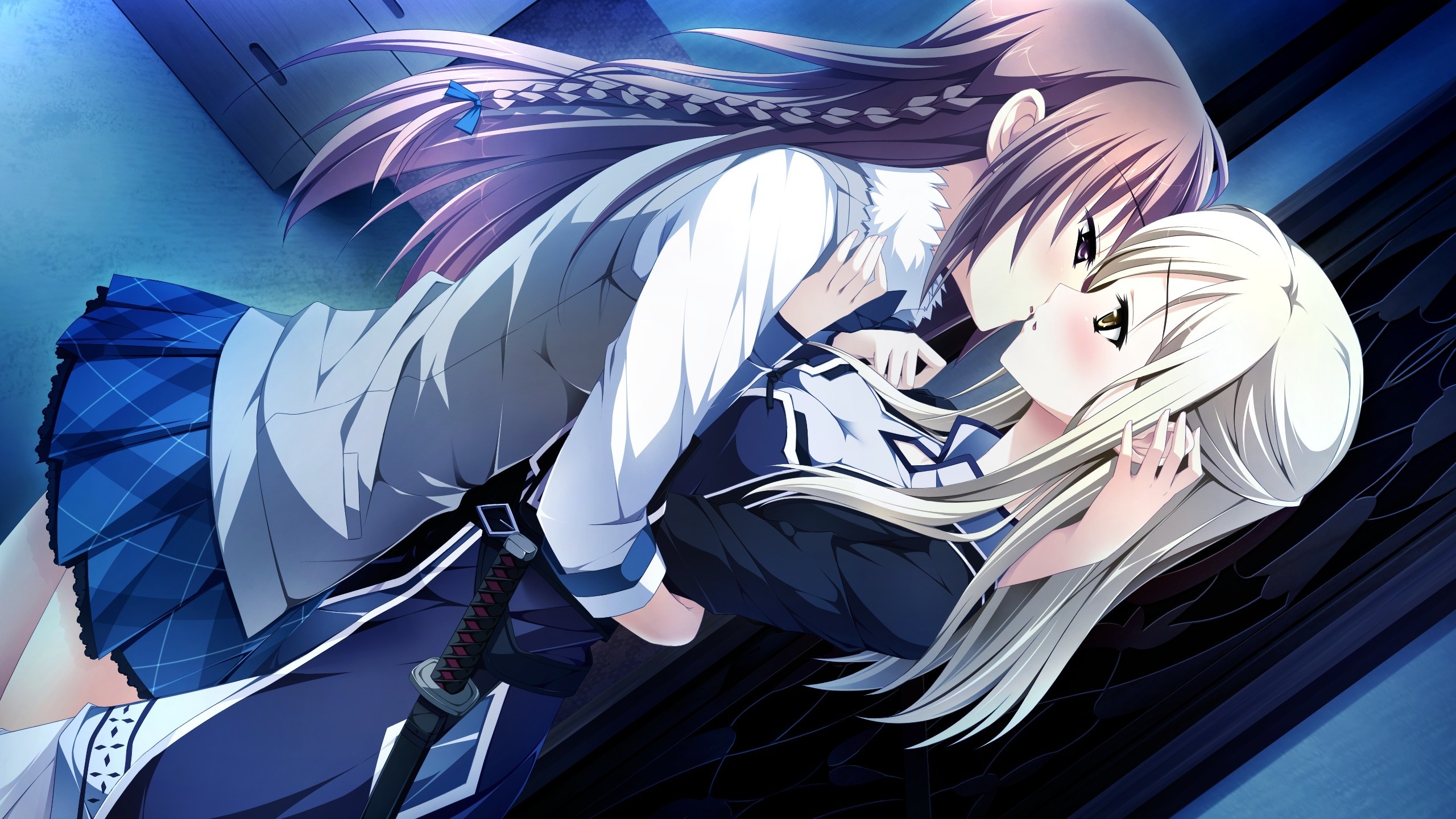 Download wallpaper kiss, Girls, katana, section anime in resolution  2560x1440