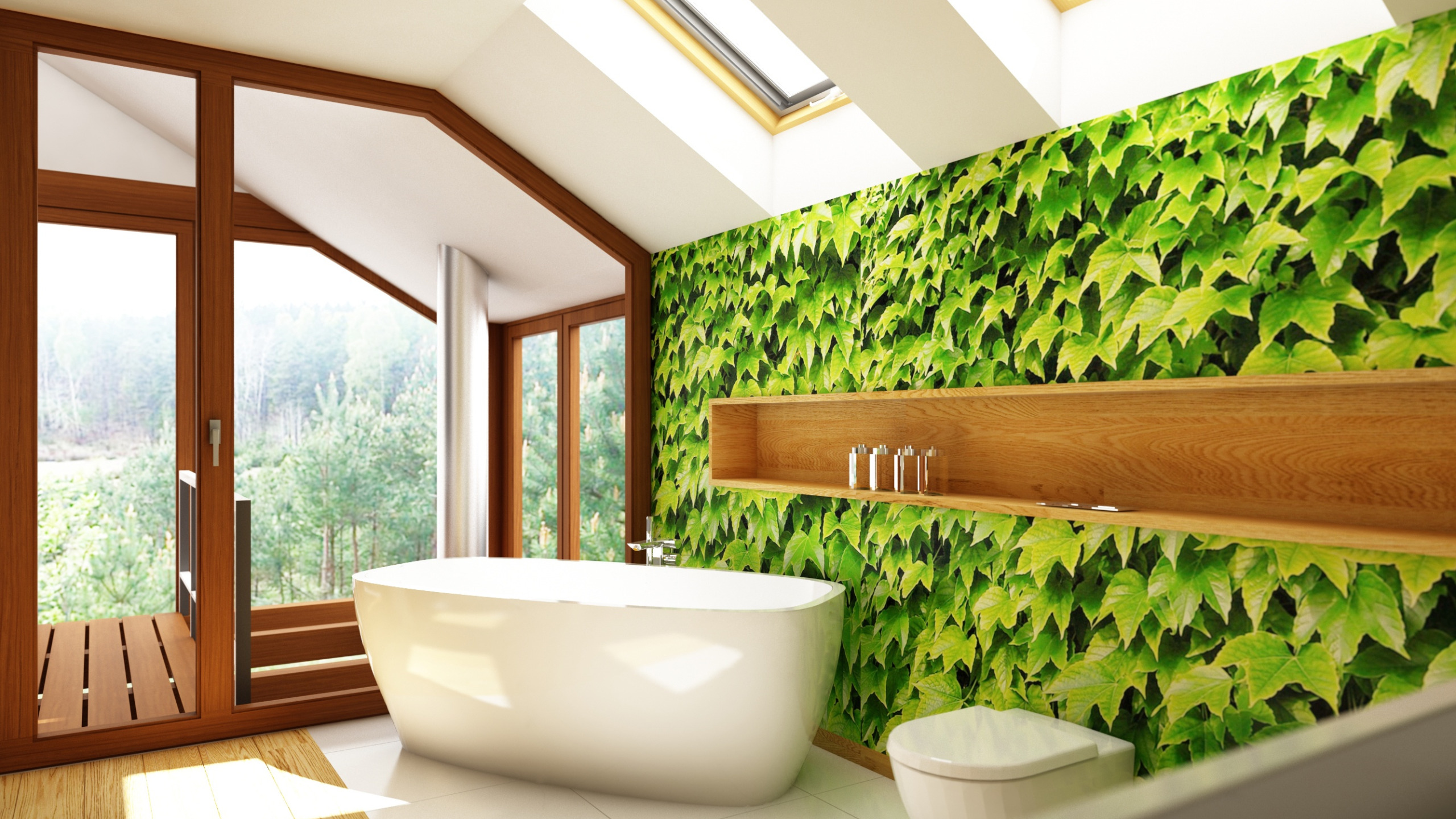 Влагостойкие стены купить. Интерьер ванной комнаты. Фотообои в ванной комнате. Ванная с зеленью. Фотообои для ванной комнаты влагостойкие.