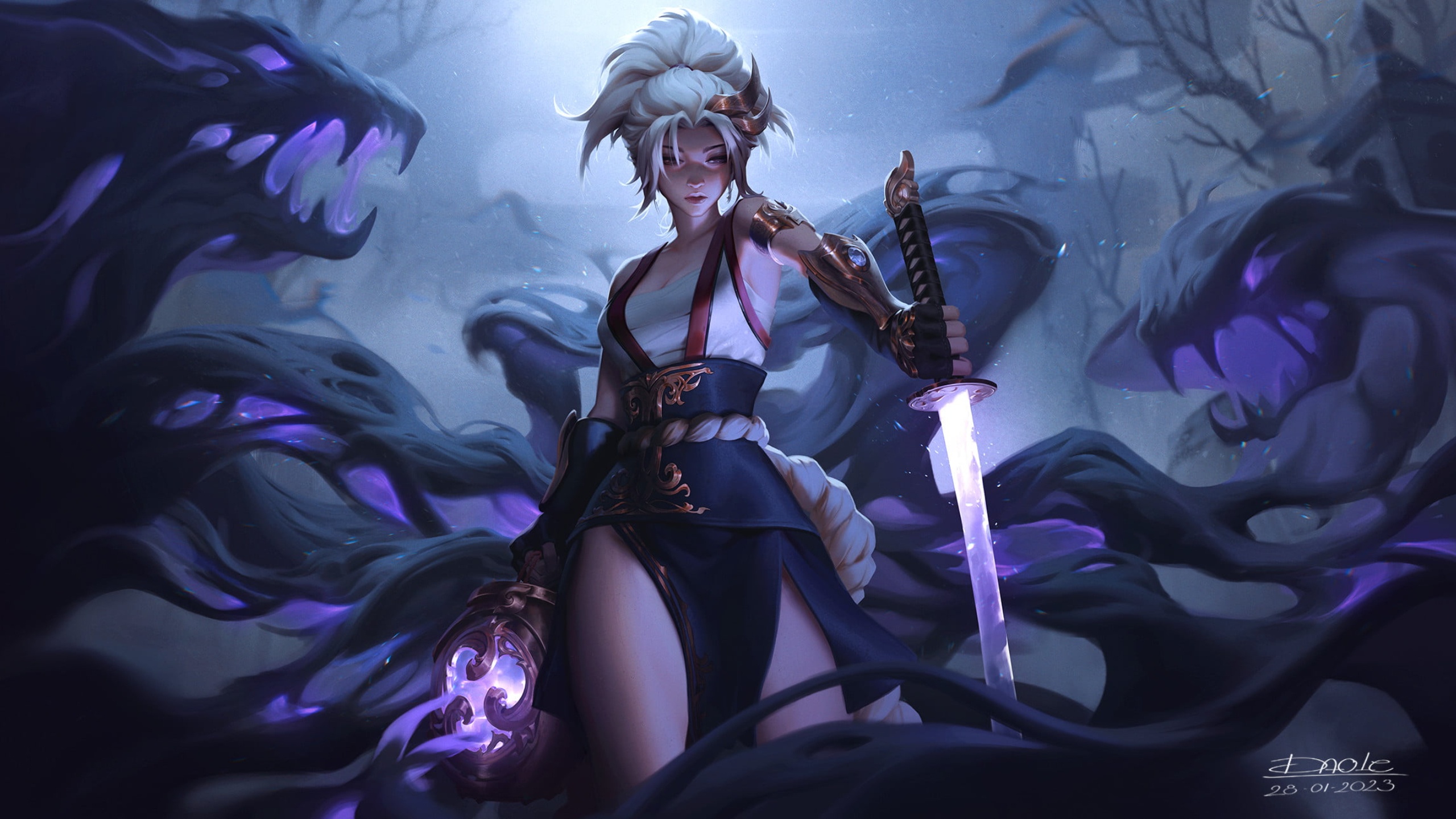 Download wallpaper girl, sword, girl, sword, monsters, blonde hair,  monster, fantasy art, section fantasy in resolution 2560x1440