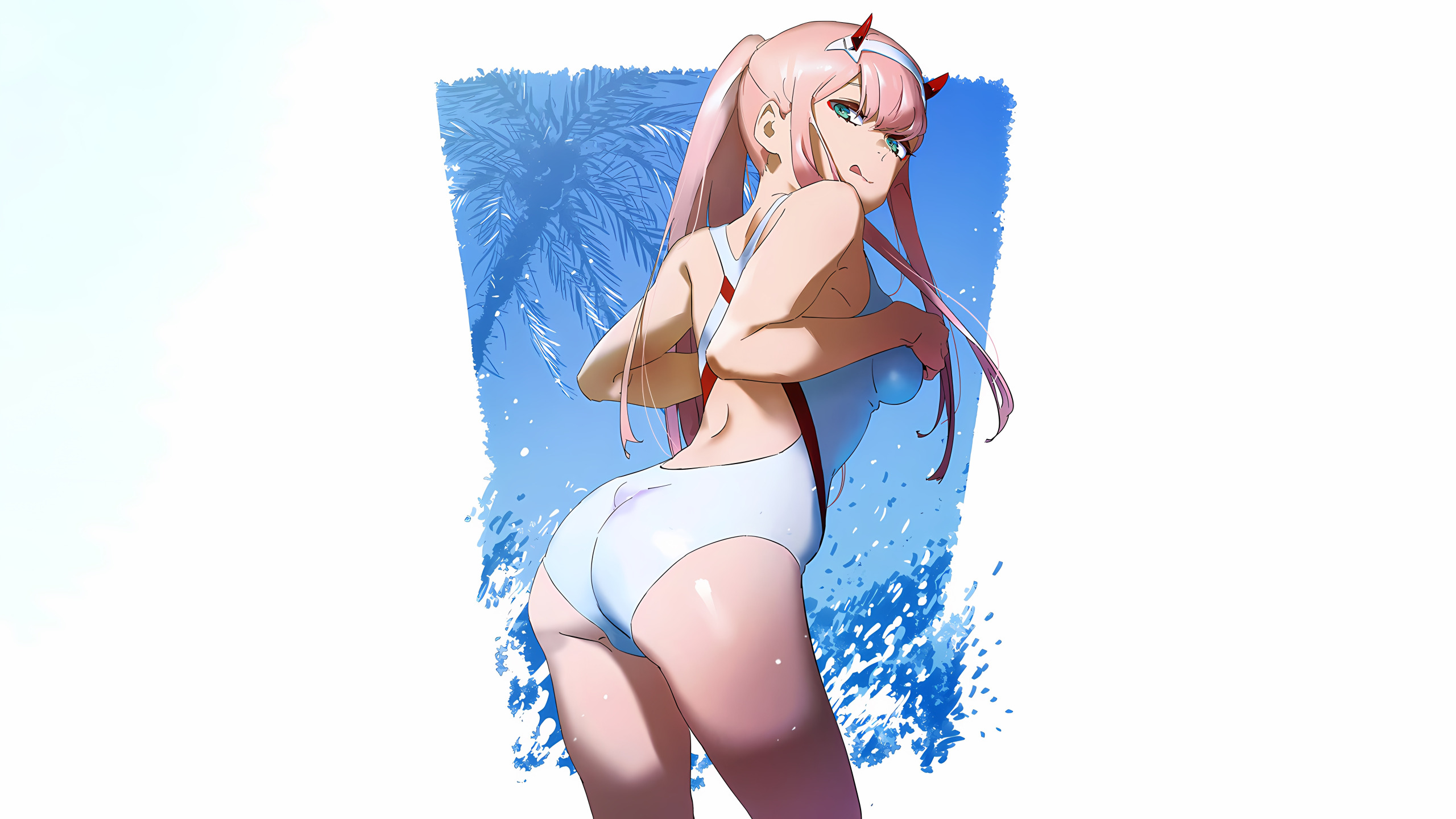 Download wallpaper girl, sexy, ass, pink hair, horns, green eyes, long  hair, boobs, section seinen in resolution 2560x1440