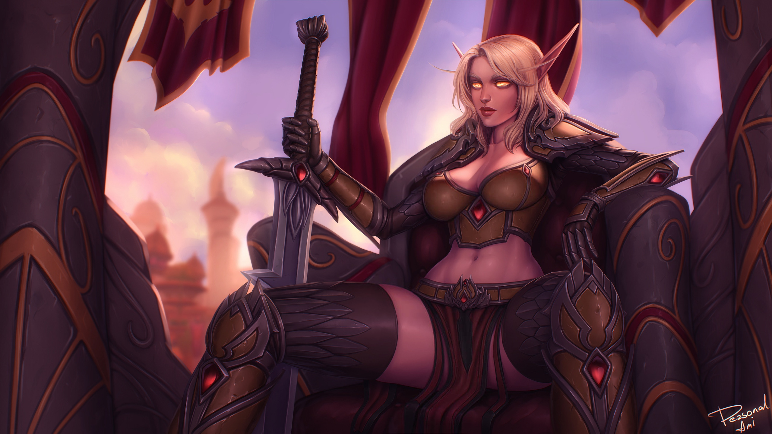 Download wallpaper Girl, Figure, Blonde, Sword, Elf, World of Warcraft,  WOW, Blizzard, section games in resolution 2560x1440