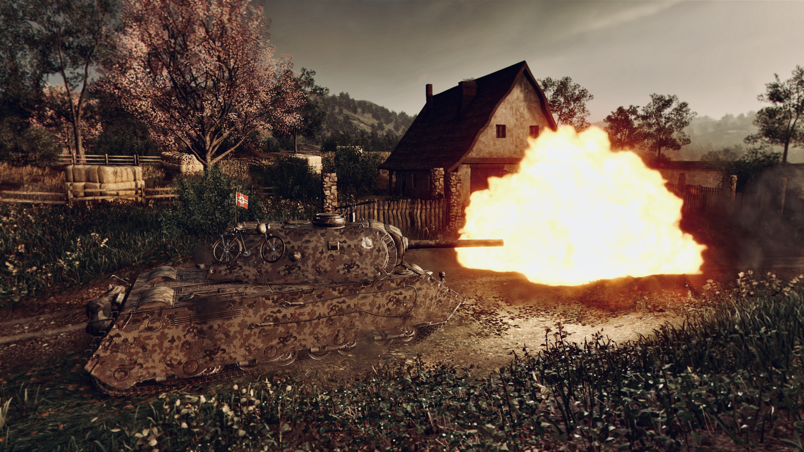 Download wallpaper HDR, House, Fire, Shooting, Tank, World of Tanks, Trees,  WOT, section games in resolution 2560x1440