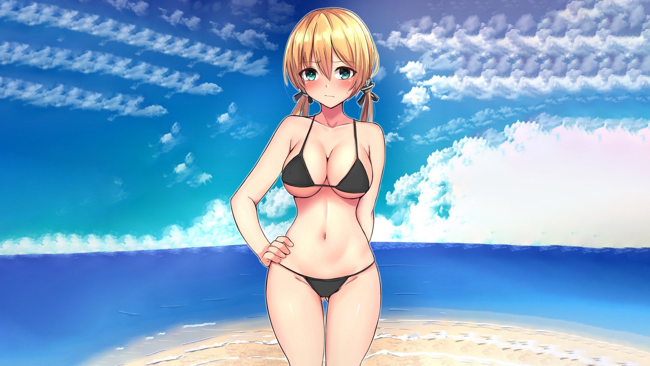 Download wallpaper girl, sexy, beach, long hair, sea, boobs, anime,  beautiful, section seinen in resolution 2560x1440