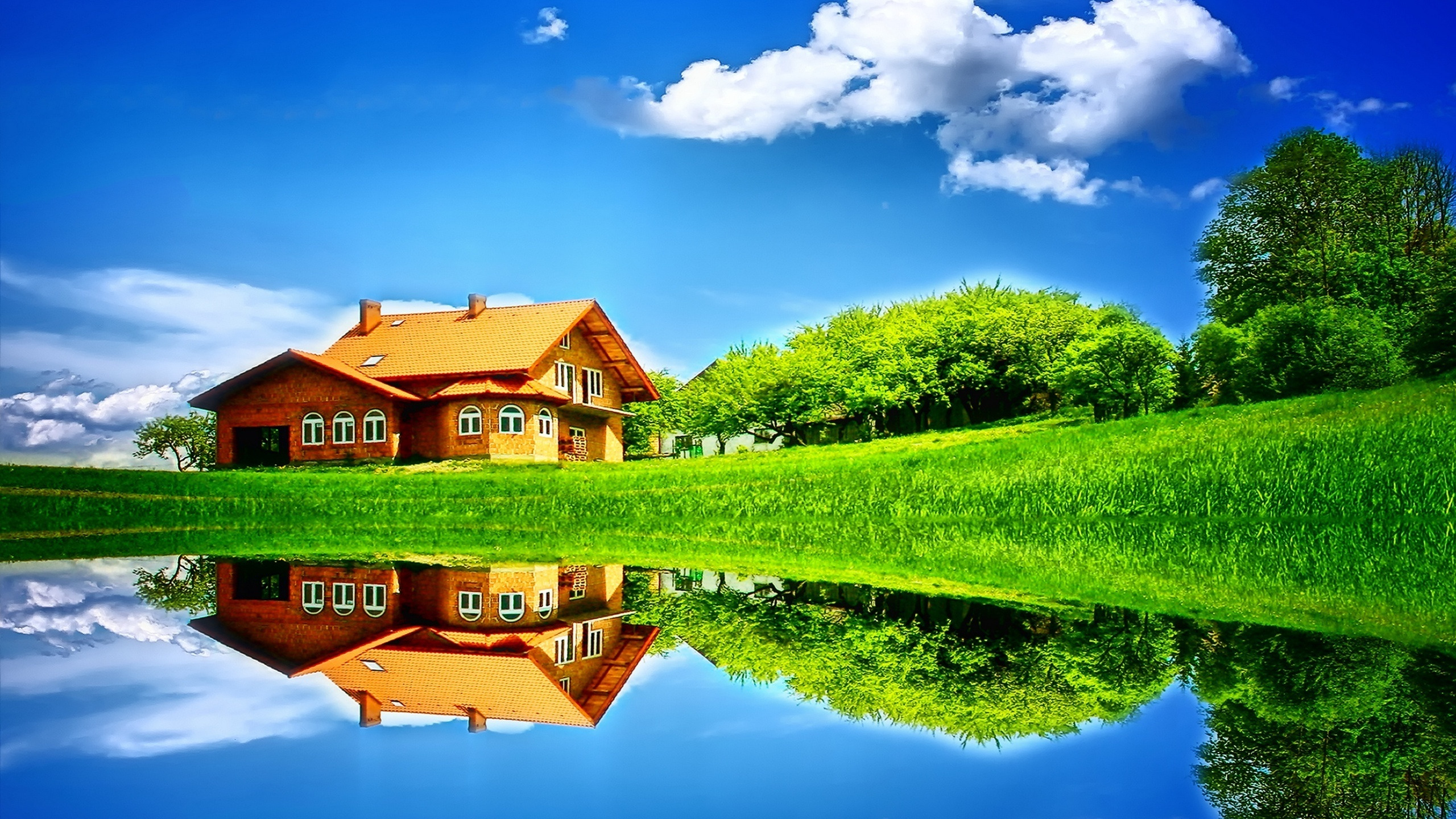 Download Wallpaper Field, Summer, The Sky, Grass, Water, Clouds.