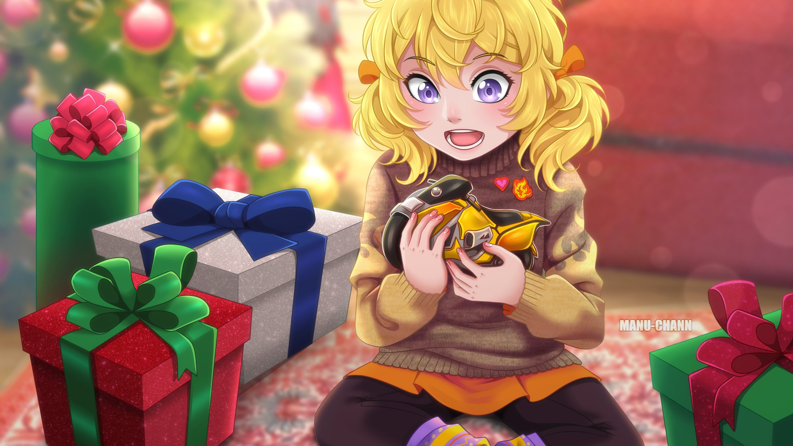 Download wallpaper toy, tree, new year, girl, gifts, bike, delight, RWBY,  section art in resolution 2560x1440