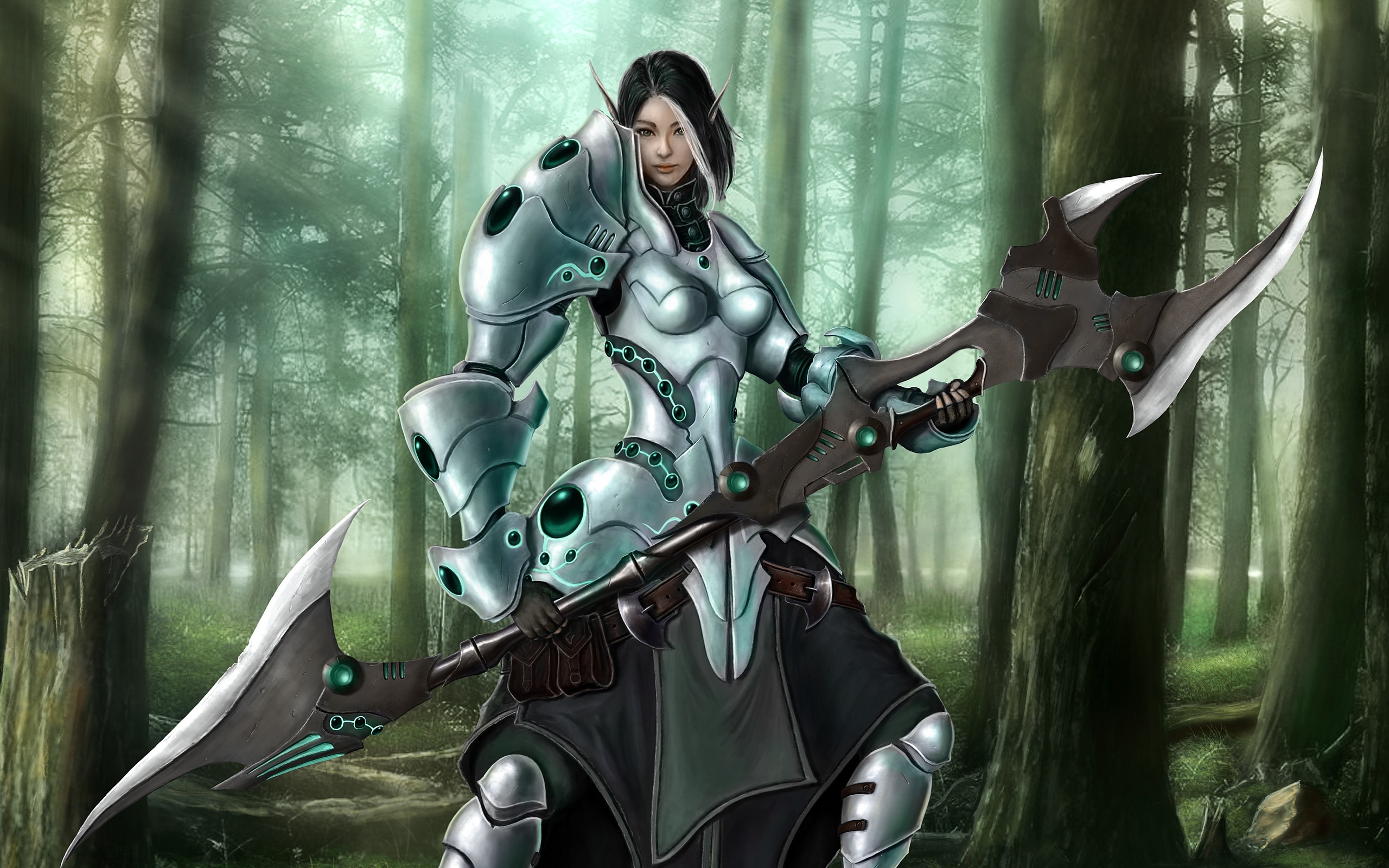 Download wallpaper forest, girl, weapons, elf, armor, fantasy, art,  fantasy, section fantasy in resolution 2560x1600