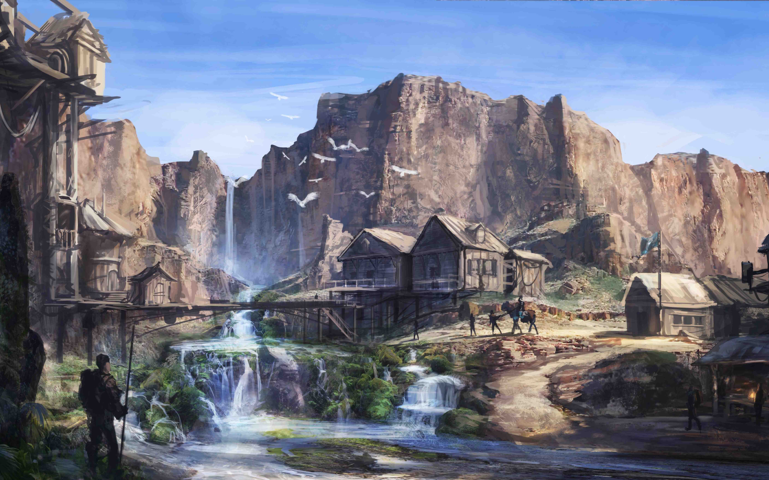 Download wallpaper river, people, rocks, waterfall, home, art, oasis, settlement