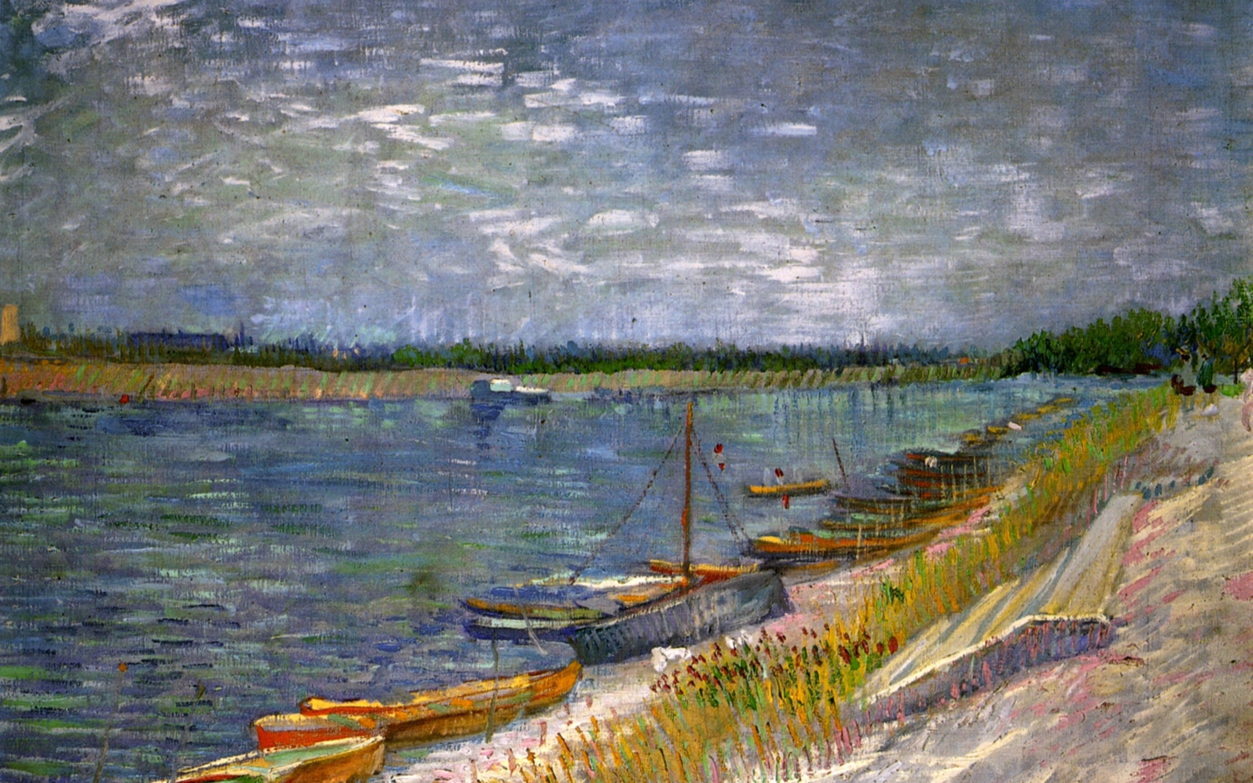 Download wallpaper river, boats, Vincent van Gogh, with Rowing Boats ...