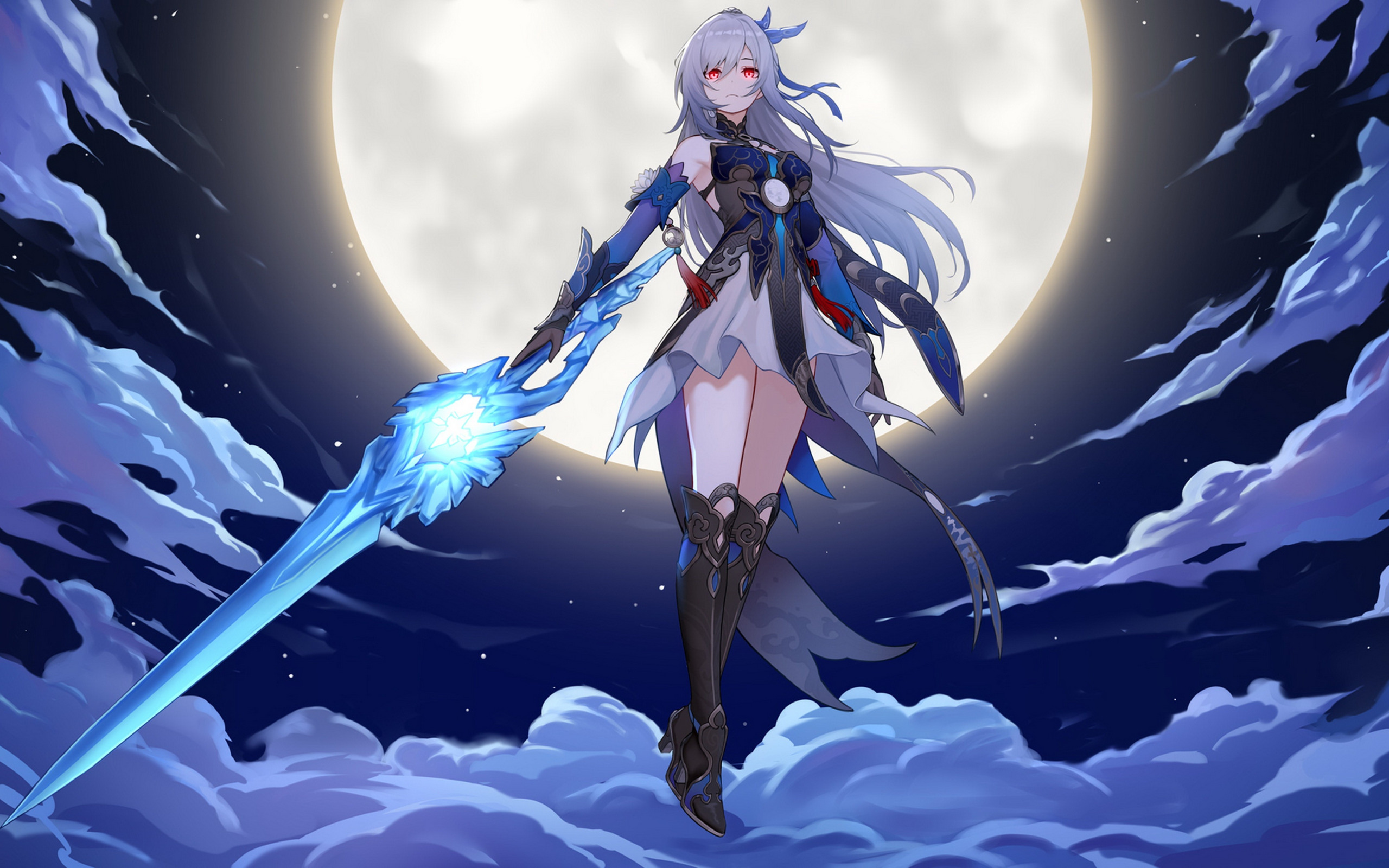 Download Wallpaper Clouds, Pose, The Moon, Stand, Character.