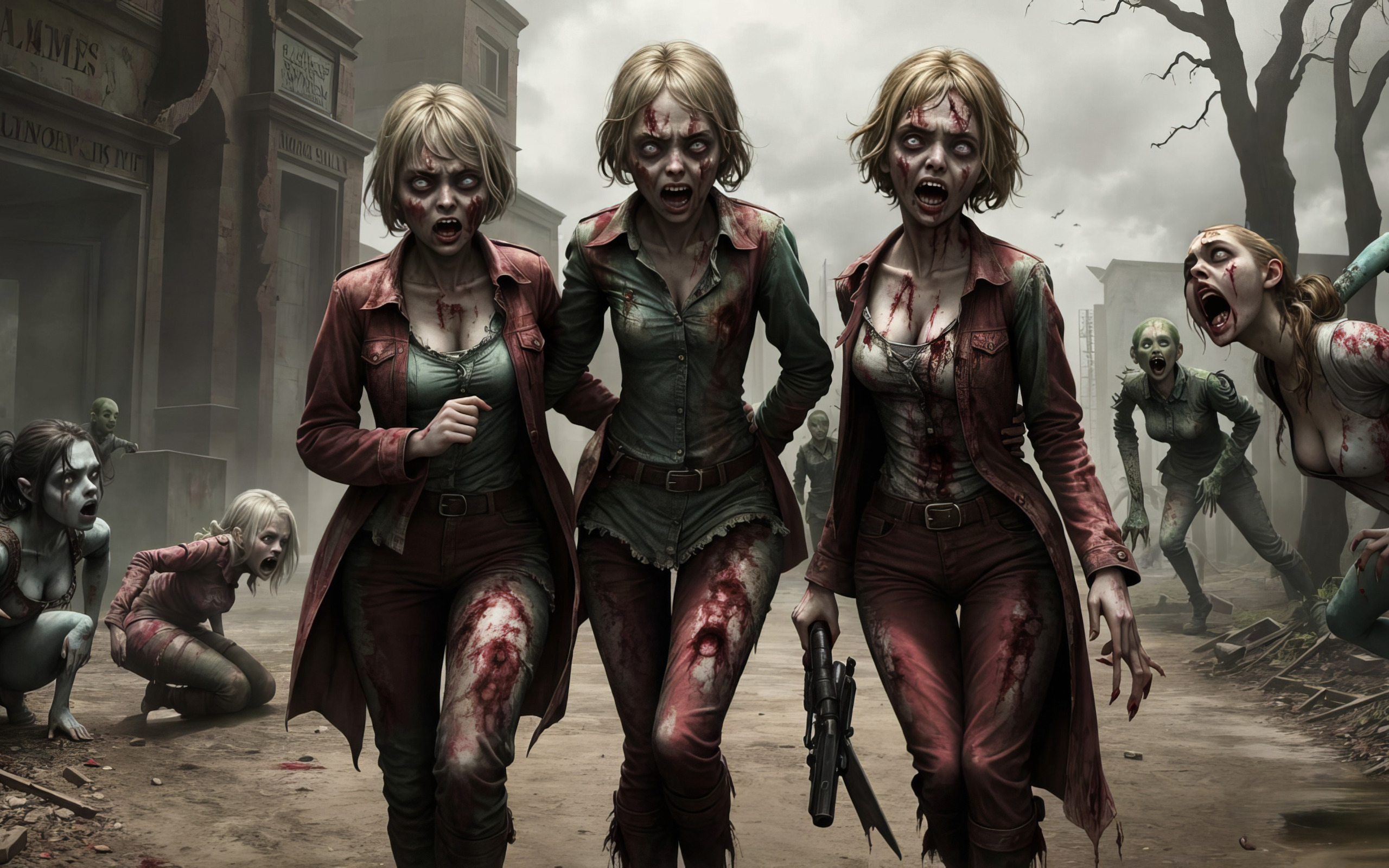 fiction, street, blood, <b>zombies</b>, horror, digital art, three girls, digital ...