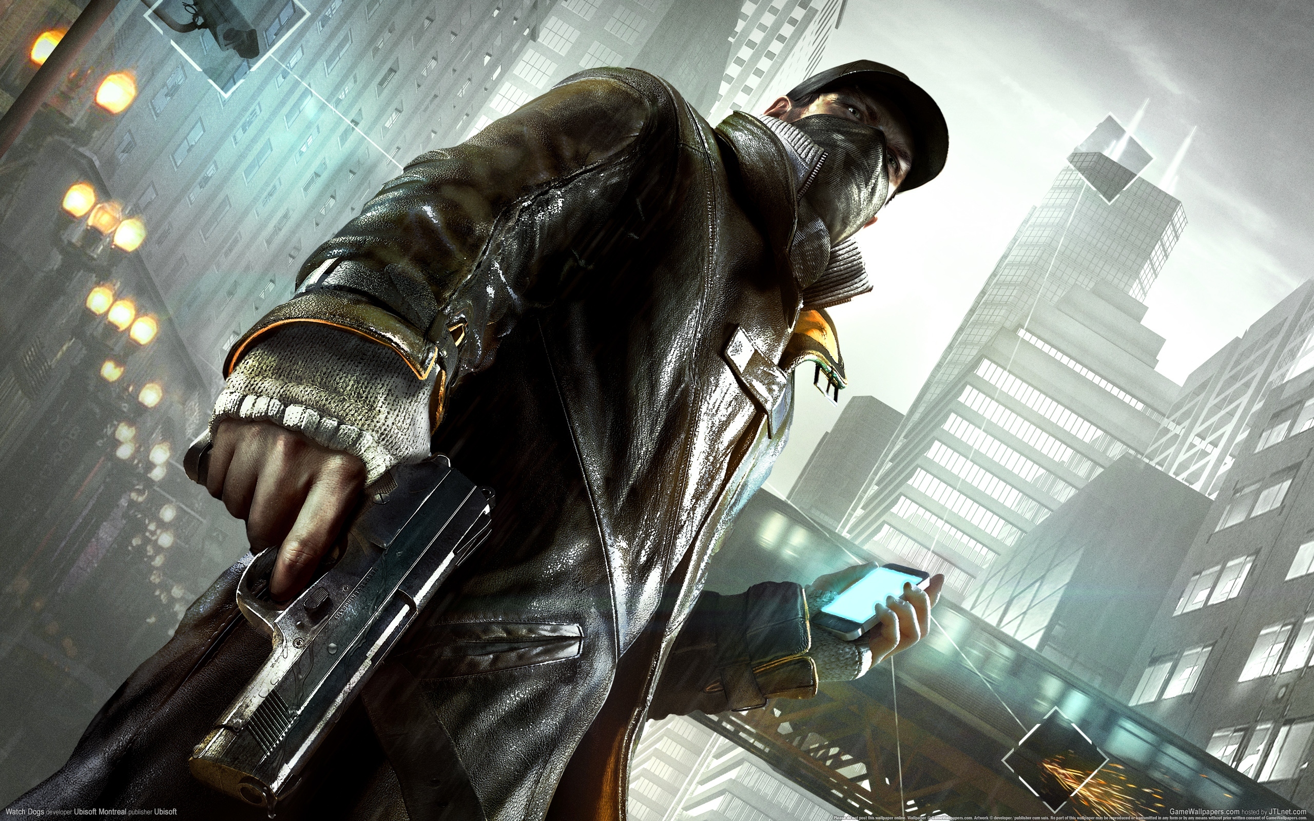 Wallpaper The city, Gun, Camera, Phone, Link, Watch Dogs, Observations,  Aiden Pearce for mobile and desktop, section игры, resolution 2560x1600 -  download