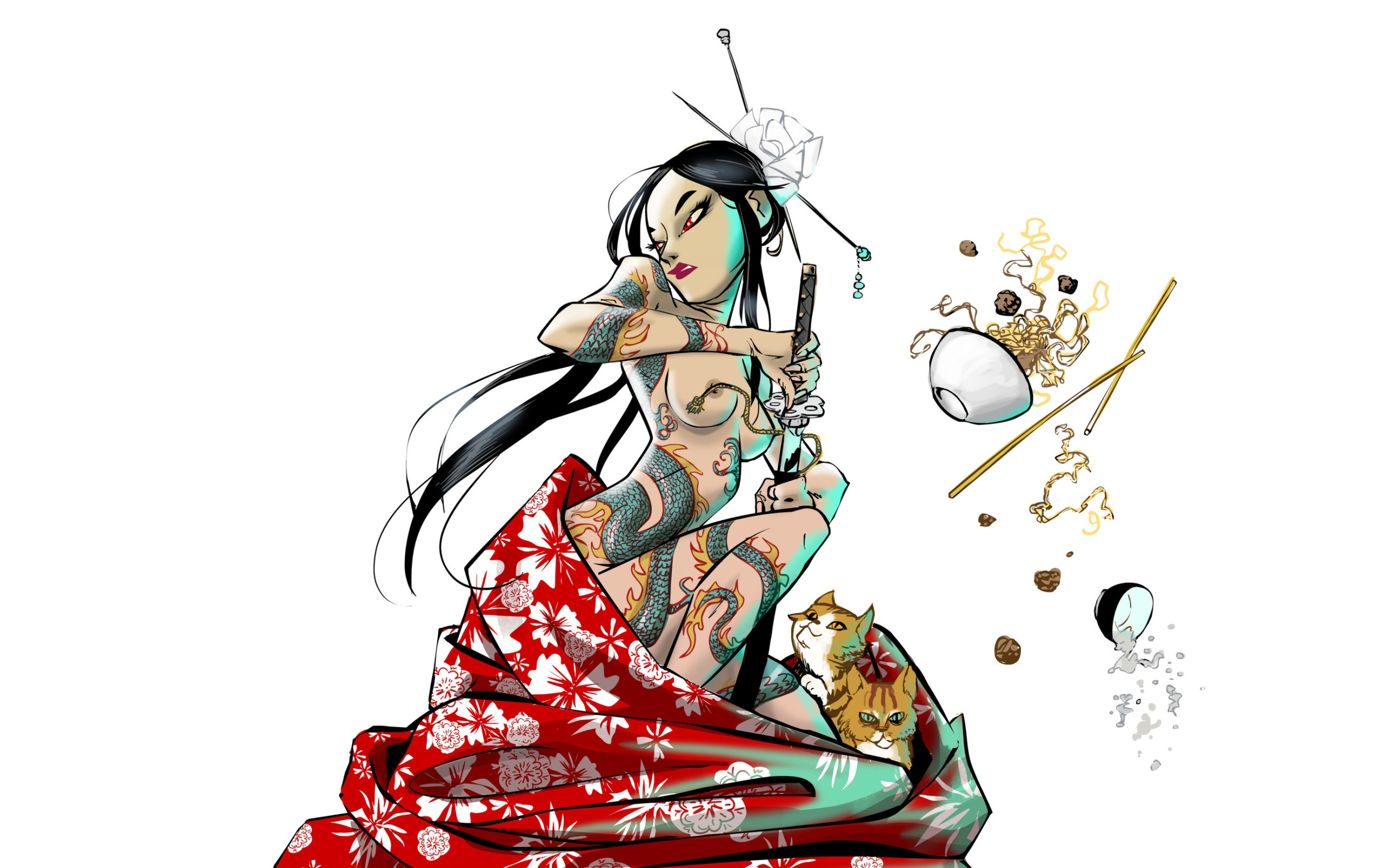 Download wallpaper Chest, Minimalism, Japan, Cats, Sword, Naked, Geisha,  Japanese, section seinen in resolution 2560x1600