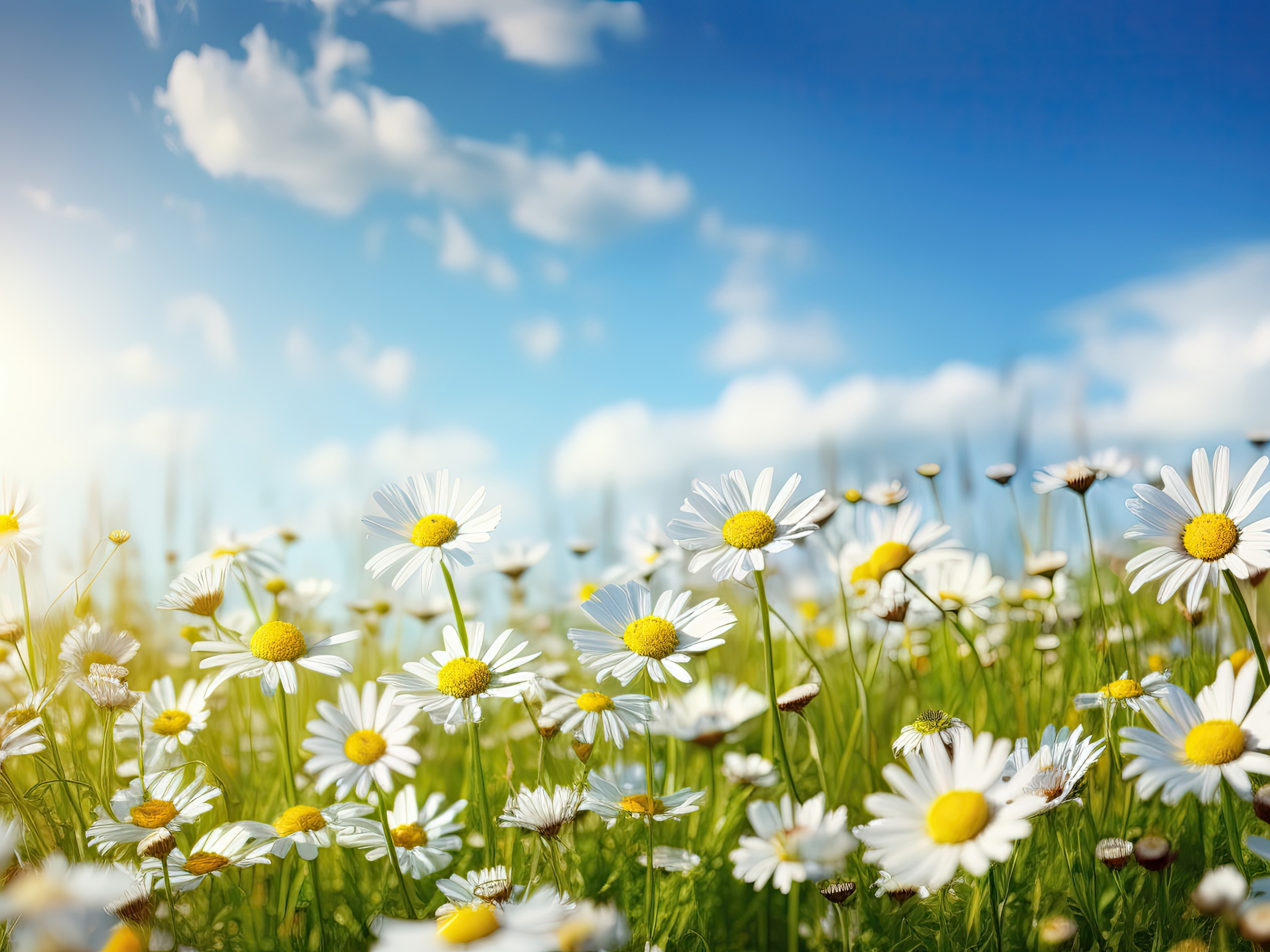 field, the sun, flowers, chamomile, spring, meadow, sunshine, spring