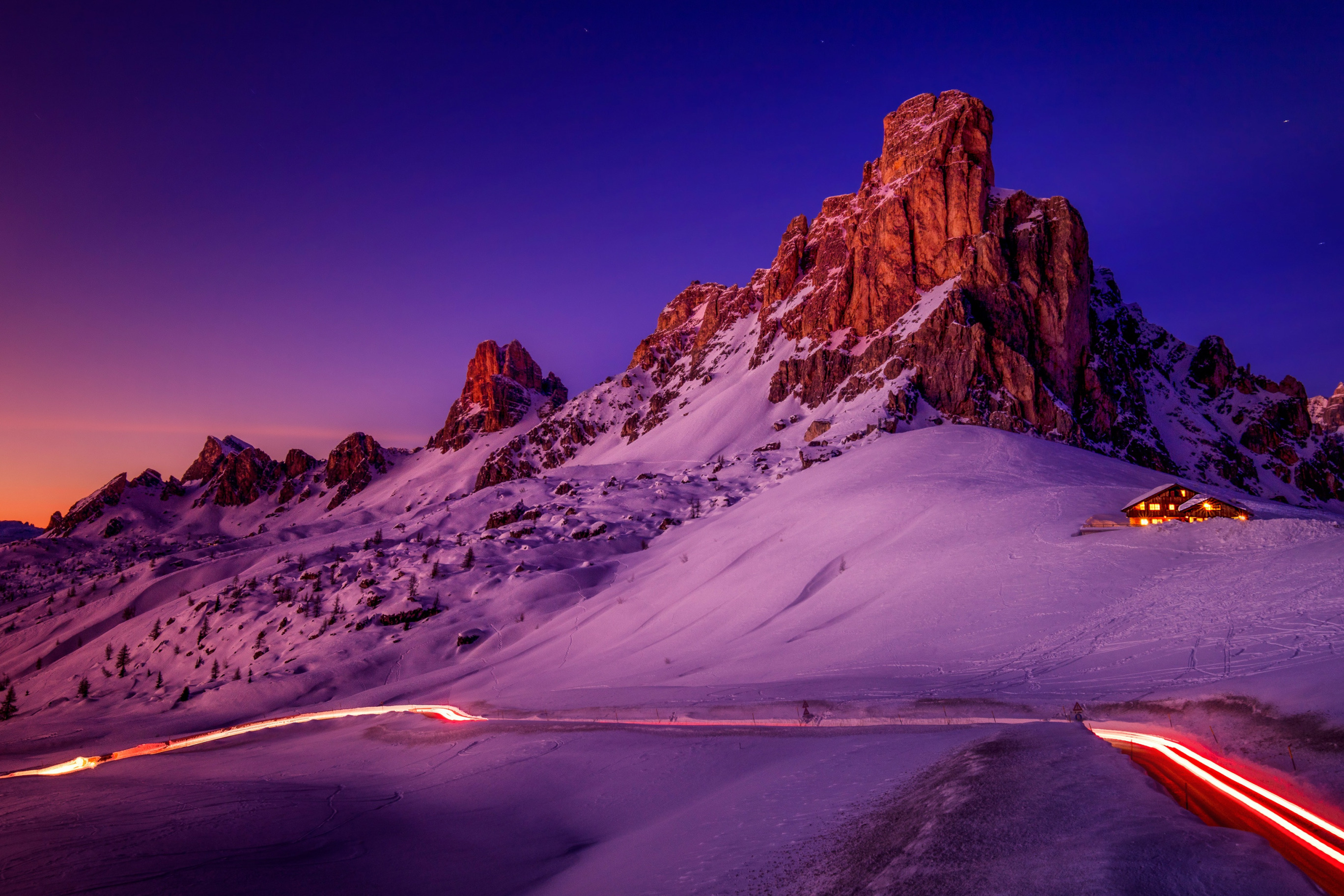 Download wallpaper winter, road, the sky, light, snow, mountains, night ...