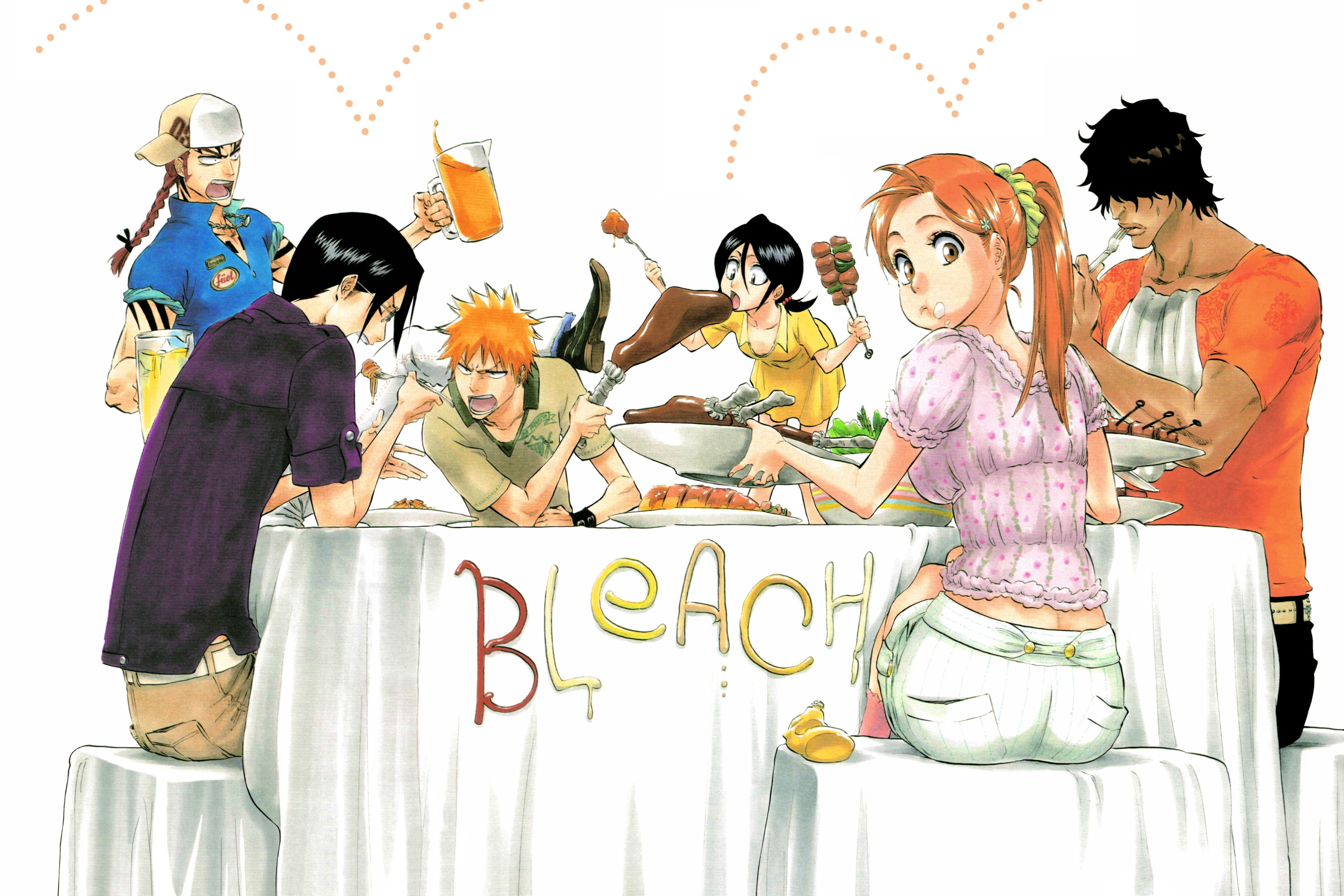 Download wallpaper food, Bleach, Ichigo Kurosaki, anime, Kuchiki Rukia, Orihime  Inoue, Yasutora Sado, Renji Abarai, section other in resolution 2736x1824