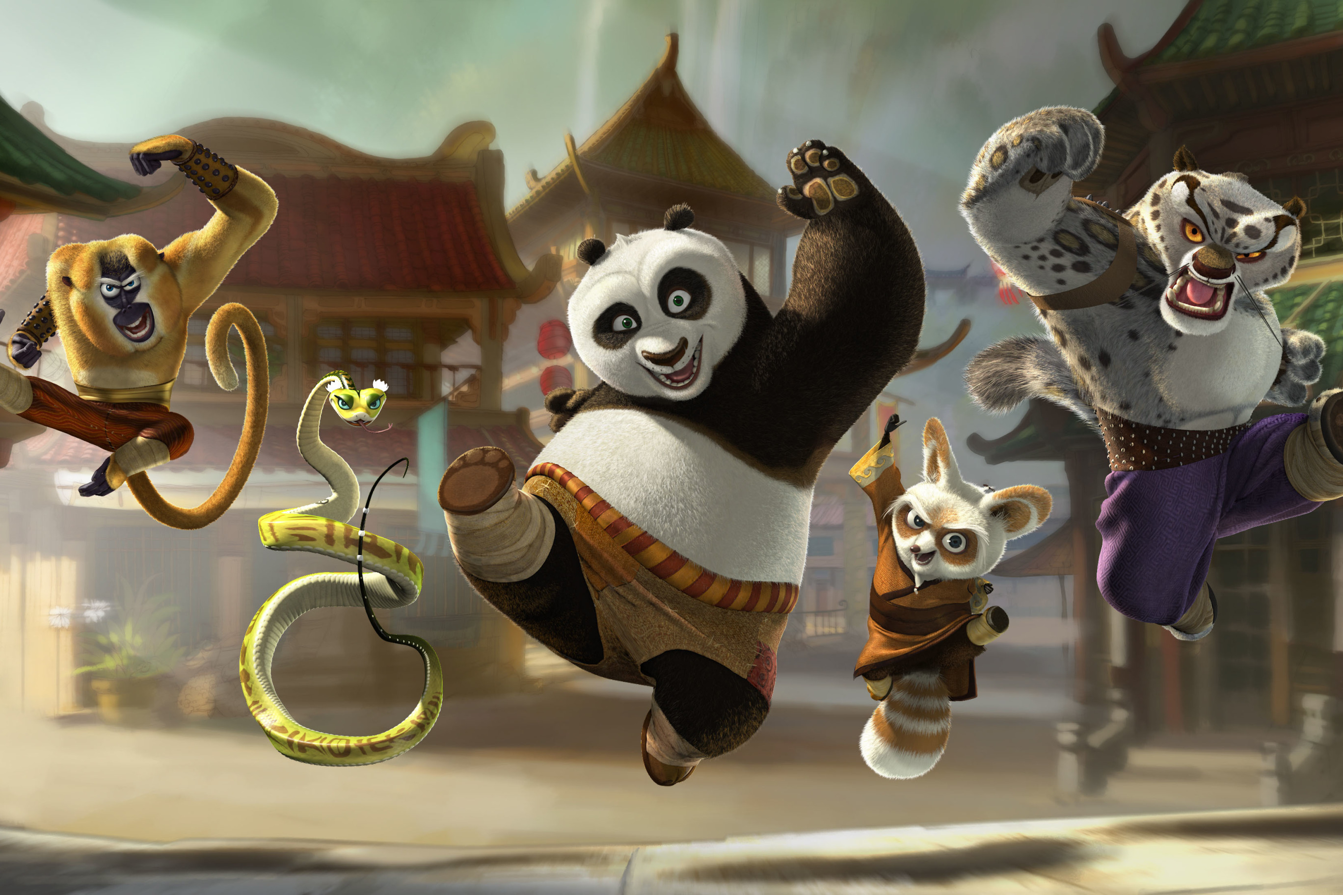 Download wallpaper Monkey, Cartoon, Kung Fu Panda, Kung fu Panda, Viper,  Monkey, Master Oogway, Tai Lung, section films in resolution 2736x1824