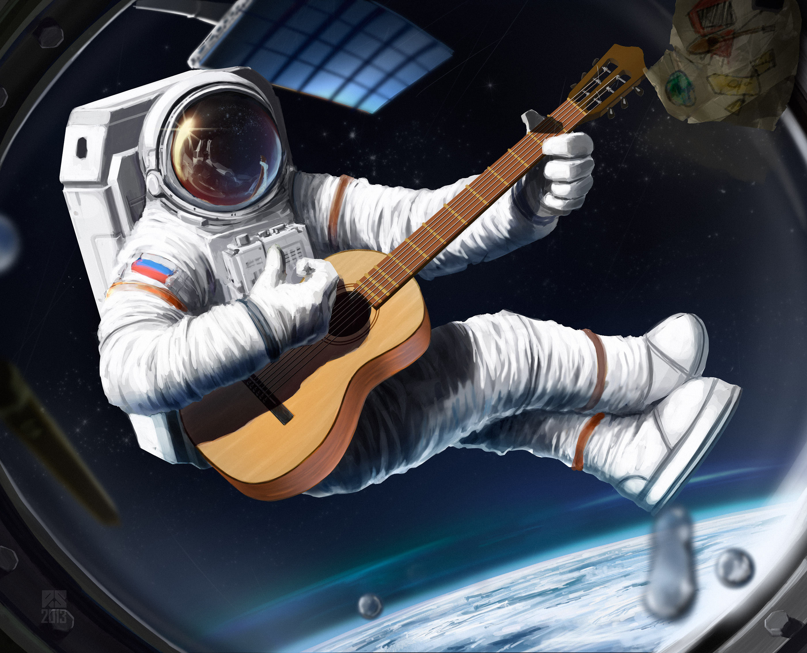 Wallpaper space, ship, guitar, astronaut, the suit, art, the window, helmet  for mobile and desktop, section ситуации, resolution 2802x2269 - download