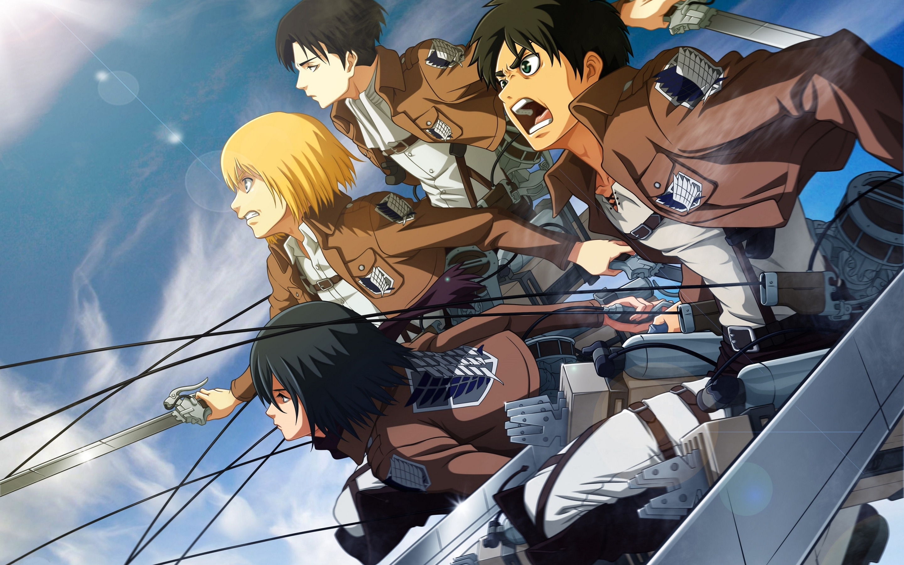 Download wallpaper the sky, attack, emblem, swords, military uniform,  Mikasa Ackerman, Levi, Eren Yeager, section shonen in resolution 2880x1800