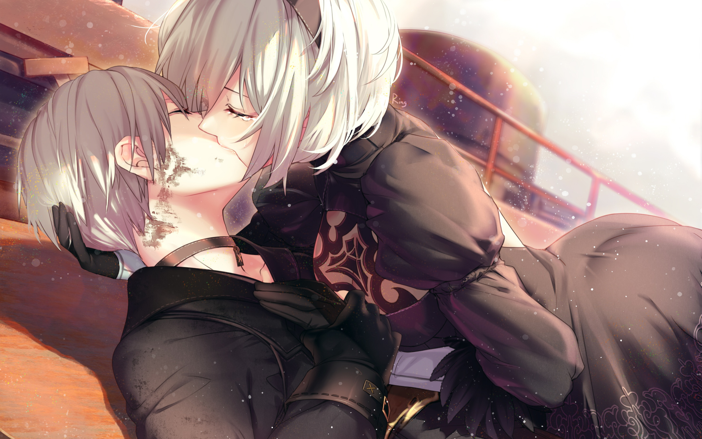 Download wallpaper passion, kiss, hugs, tears, white hair, black suit, a  pair of lovers, yorha unit no. 2 type b, section other in resolution  2880x1800