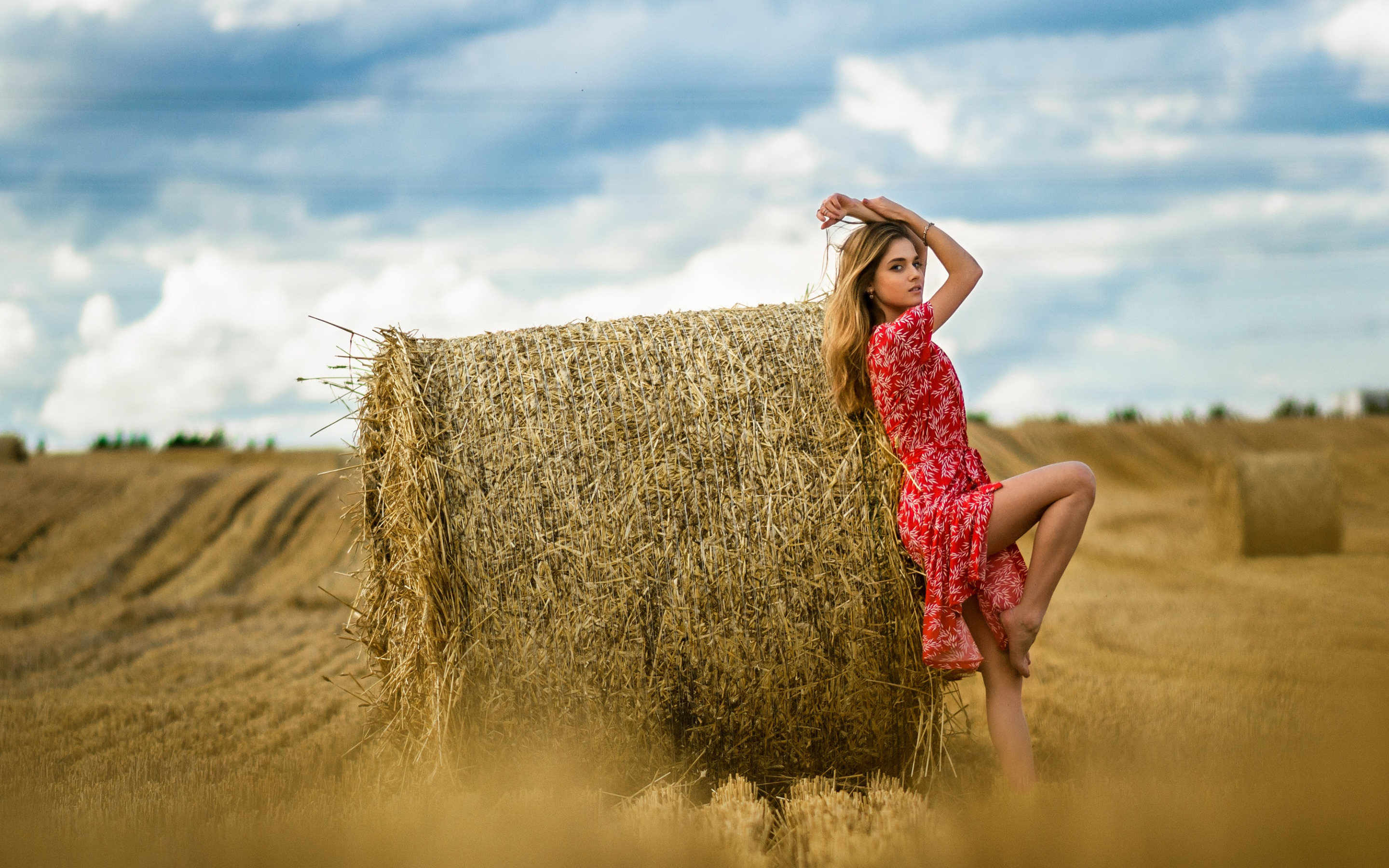 Как правильно сделать фото в поле Download wallpaper field, pose, model, bales, straw, figure, bokeh, dress, secti