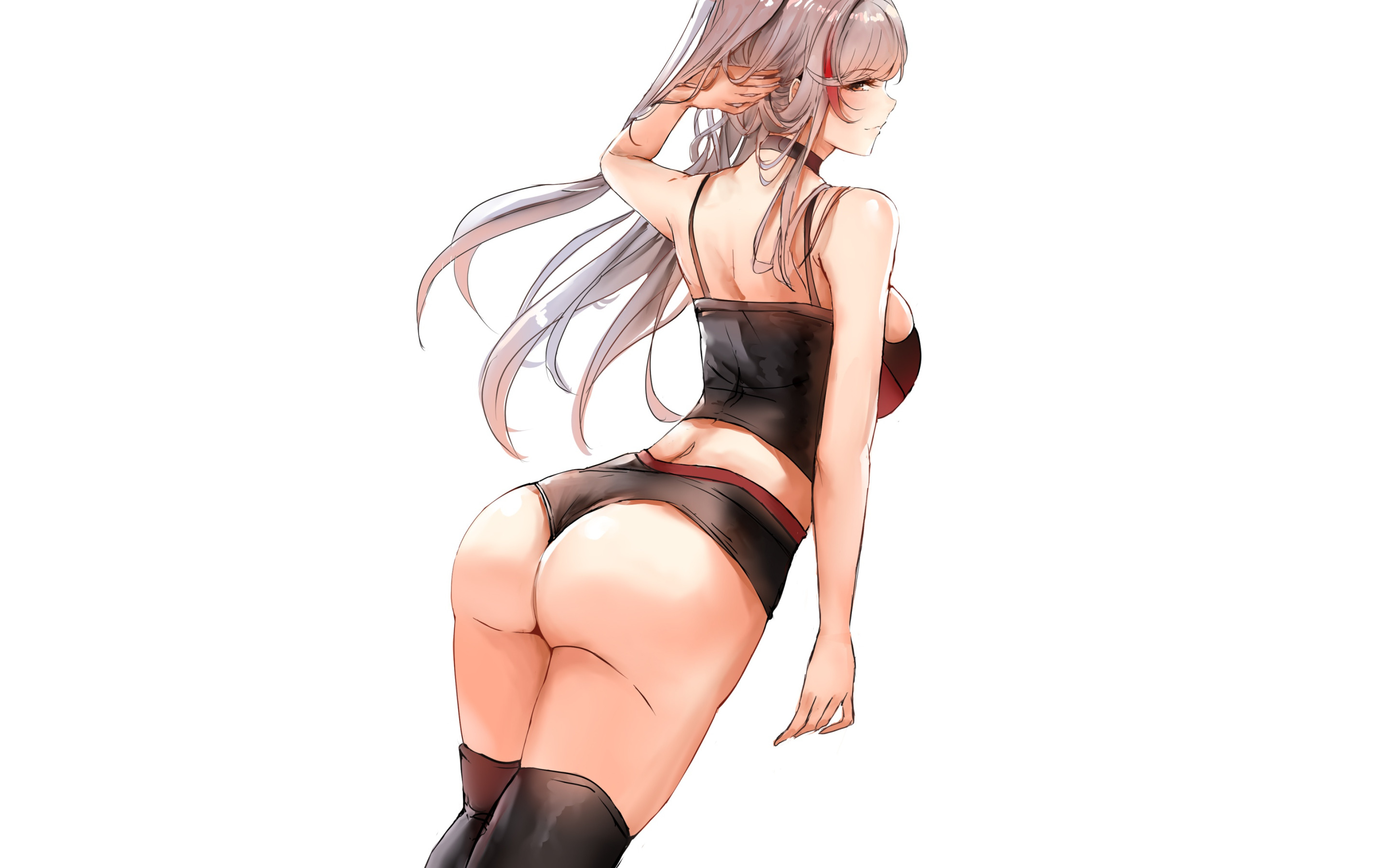 Download wallpaper girl, sexy, shorts, blouse, thighhighs, long hair, boobs...