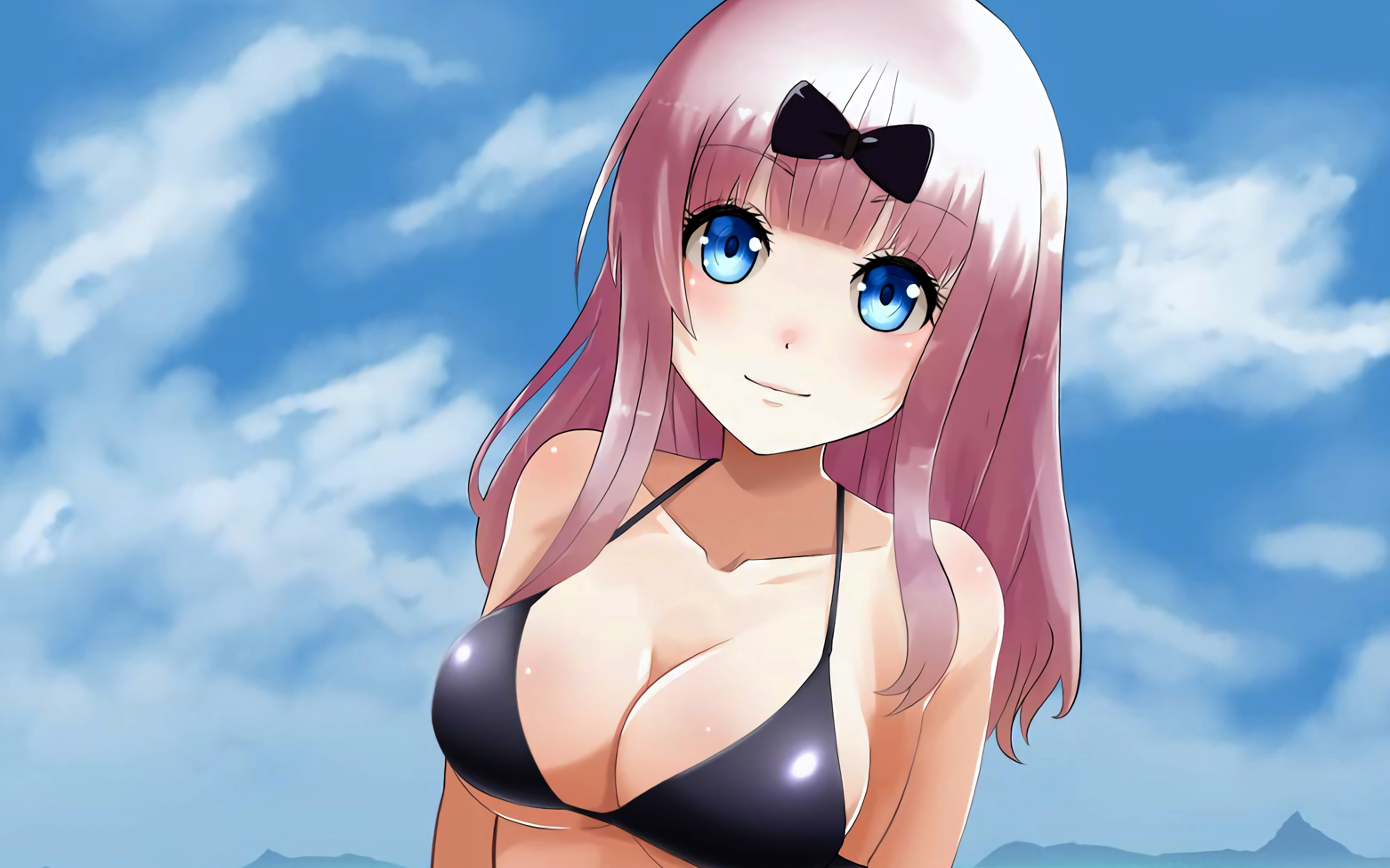 Download wallpaper girl, sexy, cleavage, pink hair, long hair, boobs,  anime, blue eyes, section seinen in resolution 2880x1800