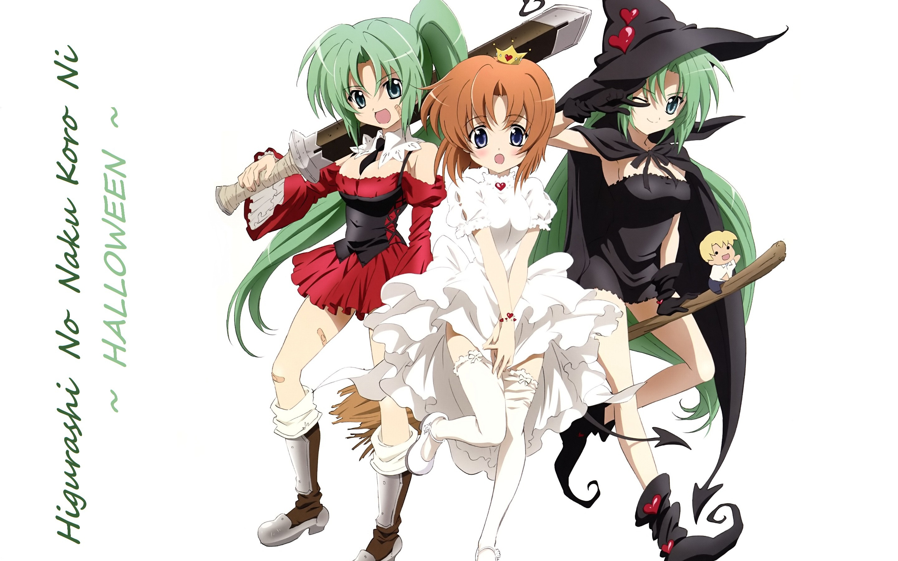 Download wallpaper boots, crown, Halloween, white dress, green hair, wink,  baseball bat, When the cicadas cry, section mood in resolution 2880x1800