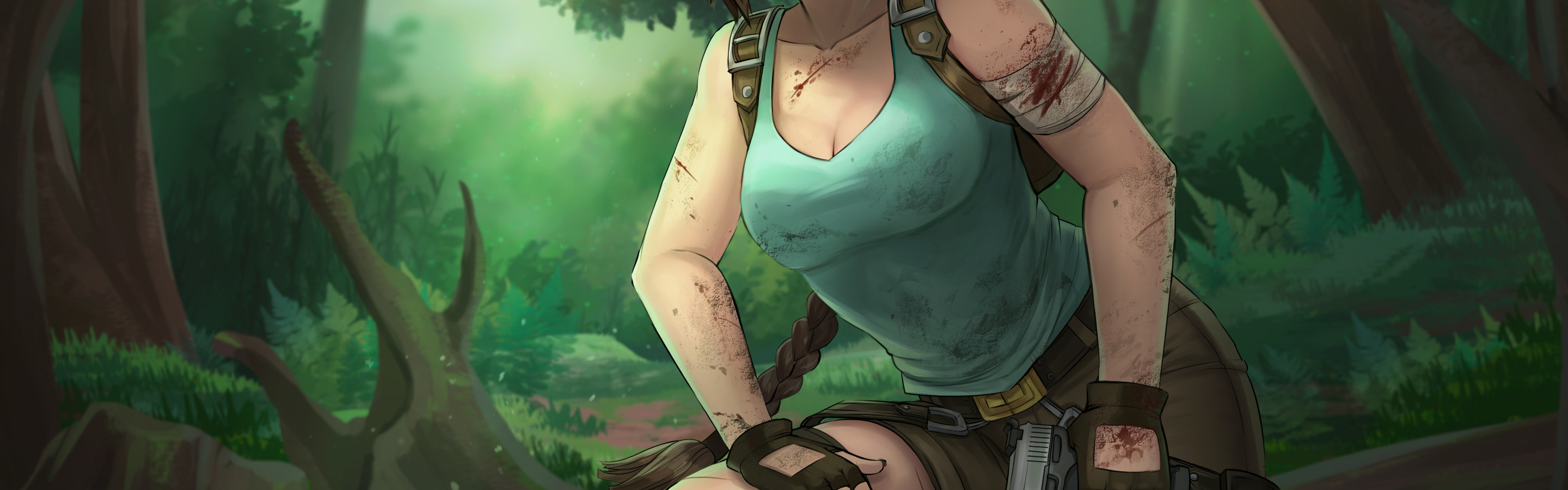 Download wallpaper forest, chest, girl, gun, shorts, dirt, lara croft, tomb  raider, section games in resolution 2880x900