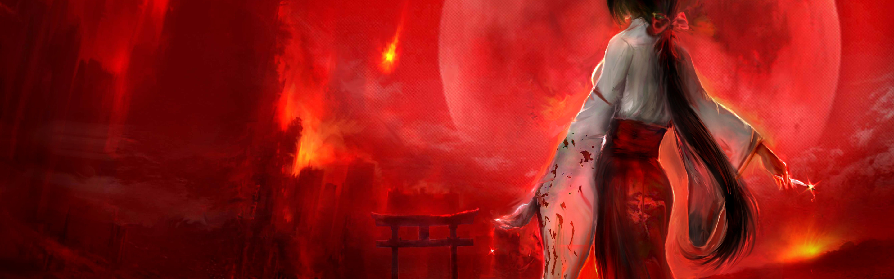 the <b>sky</b>, girl, the moon, blood, torii, fire rain.