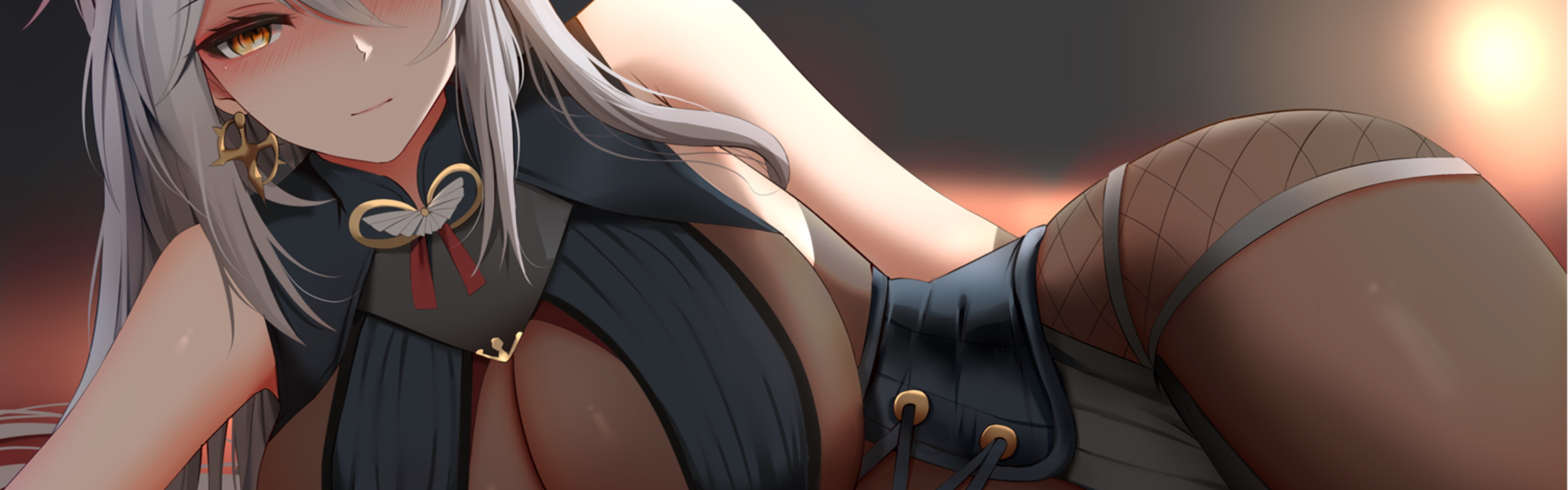 Download wallpaper girl, sexy, horns, boobs, anime, stockings, pretty,  babe, section seinen in resolution 2880x900