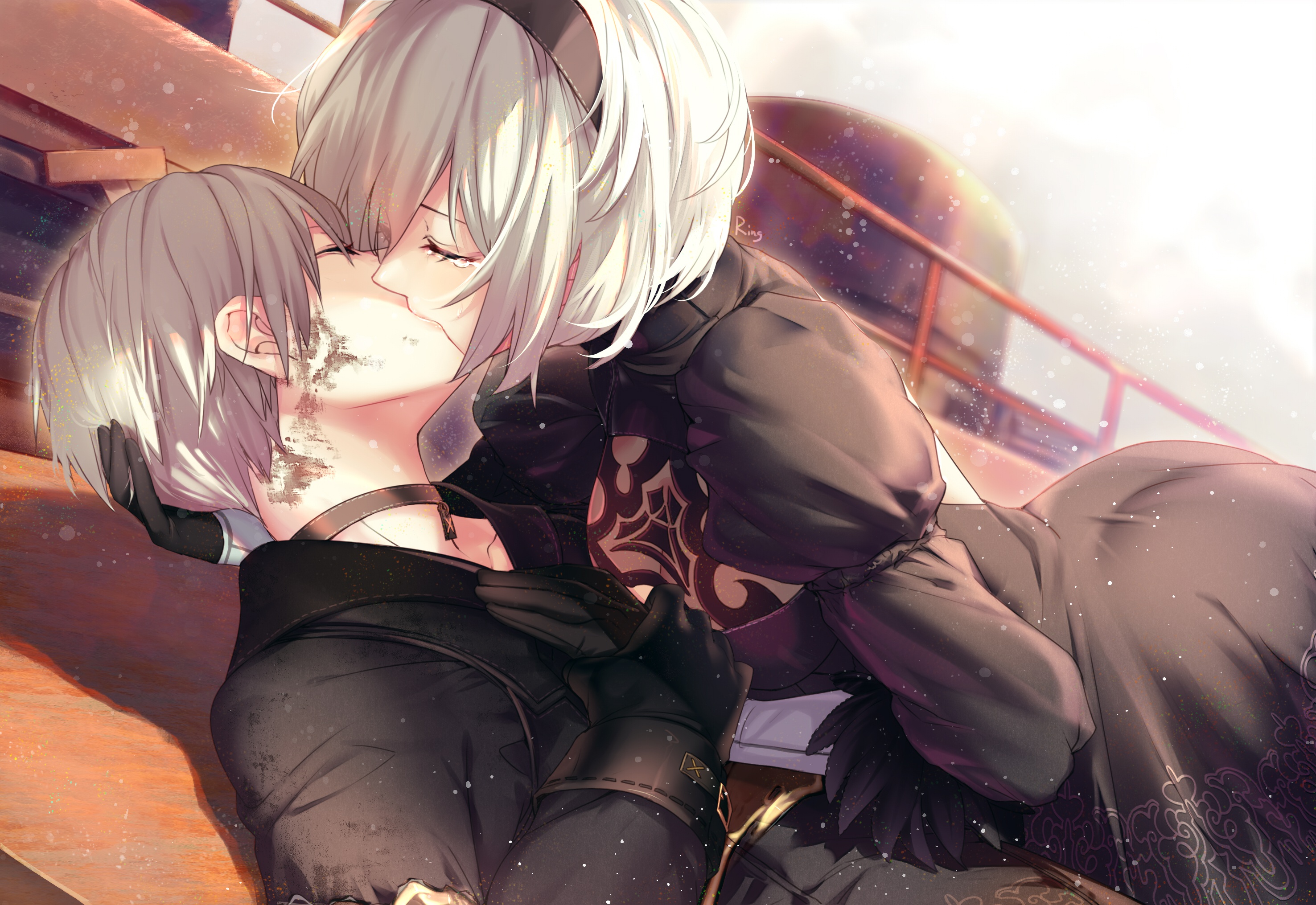 Download wallpaper passion, kiss, hugs, tears, white hair, black suit, a  pair of lovers, yorha unit no. 2 type b, section other in resolution  2952x2031