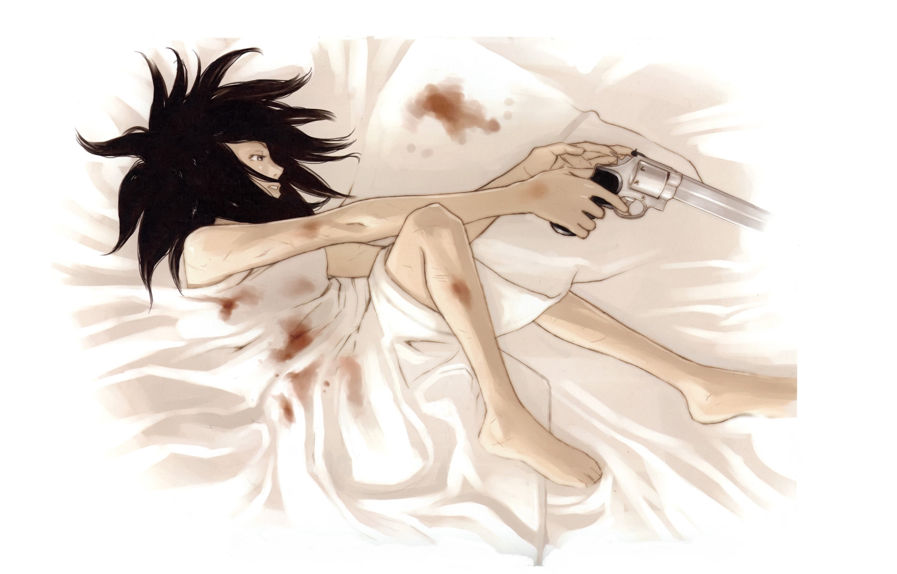 gun, spot, black <b>hair</b>, on the bed, bloody, obsessed, by Yuusuke Kozaki, Kyo...