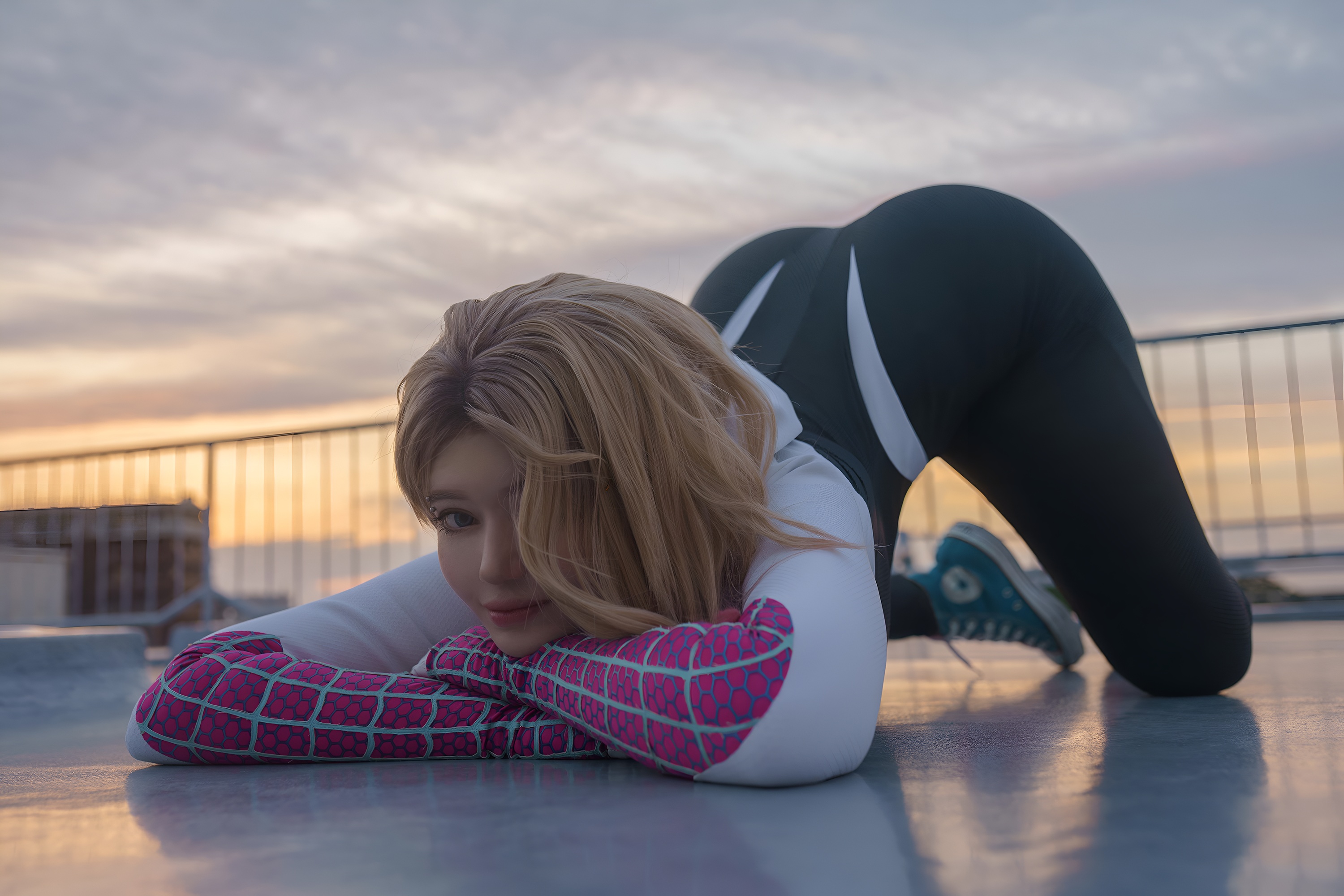 Download wallpaper women, cosplay, Gwen Stacy, bare shoulders, women  outdoors, Spider Gwen, Alina Becker, section style in resolution 3000x2000