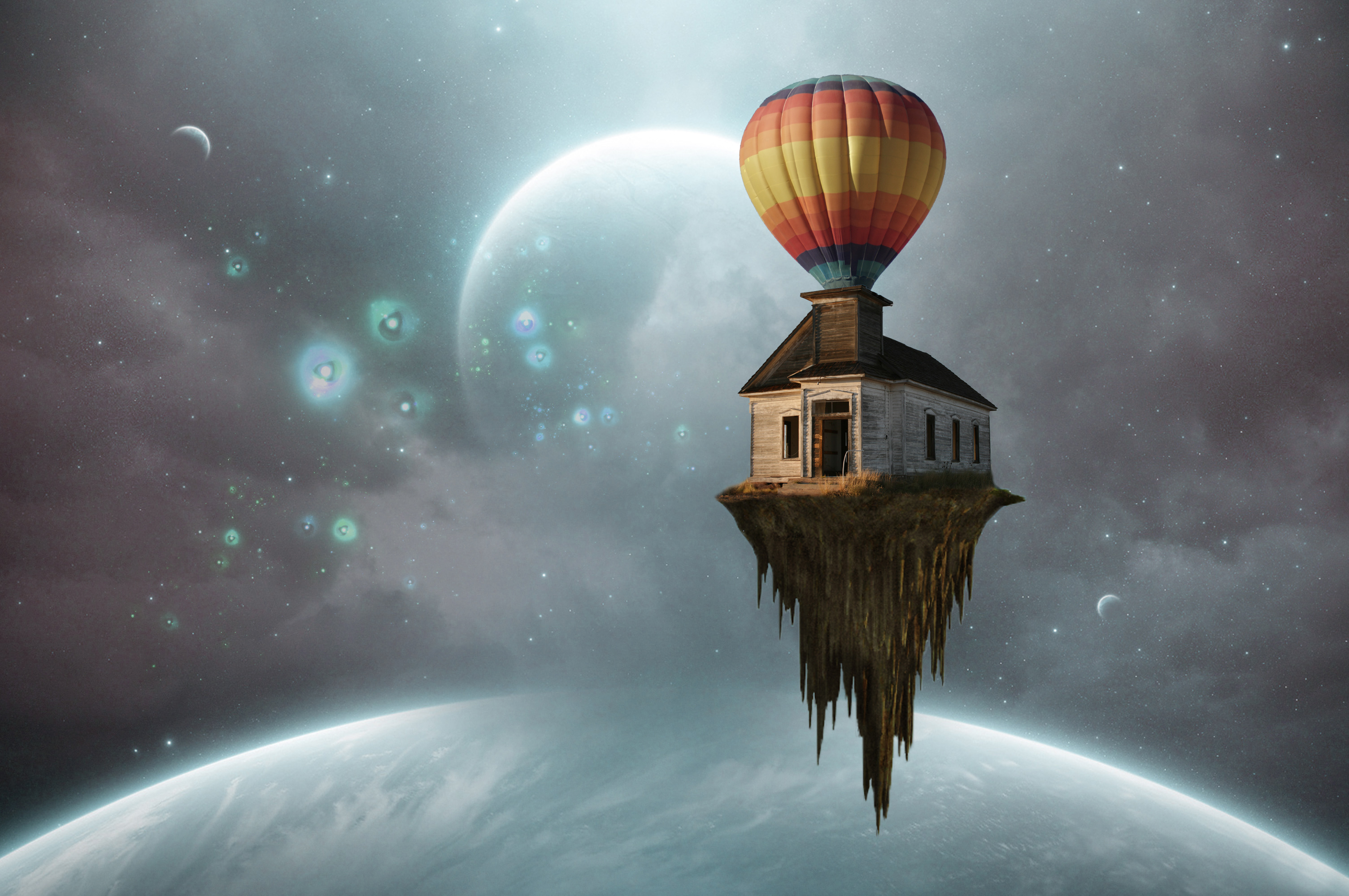 Летающий шарик дома. Фантастический воздушный шар. Космический домик. Домик в космосе. Летающая Планета.