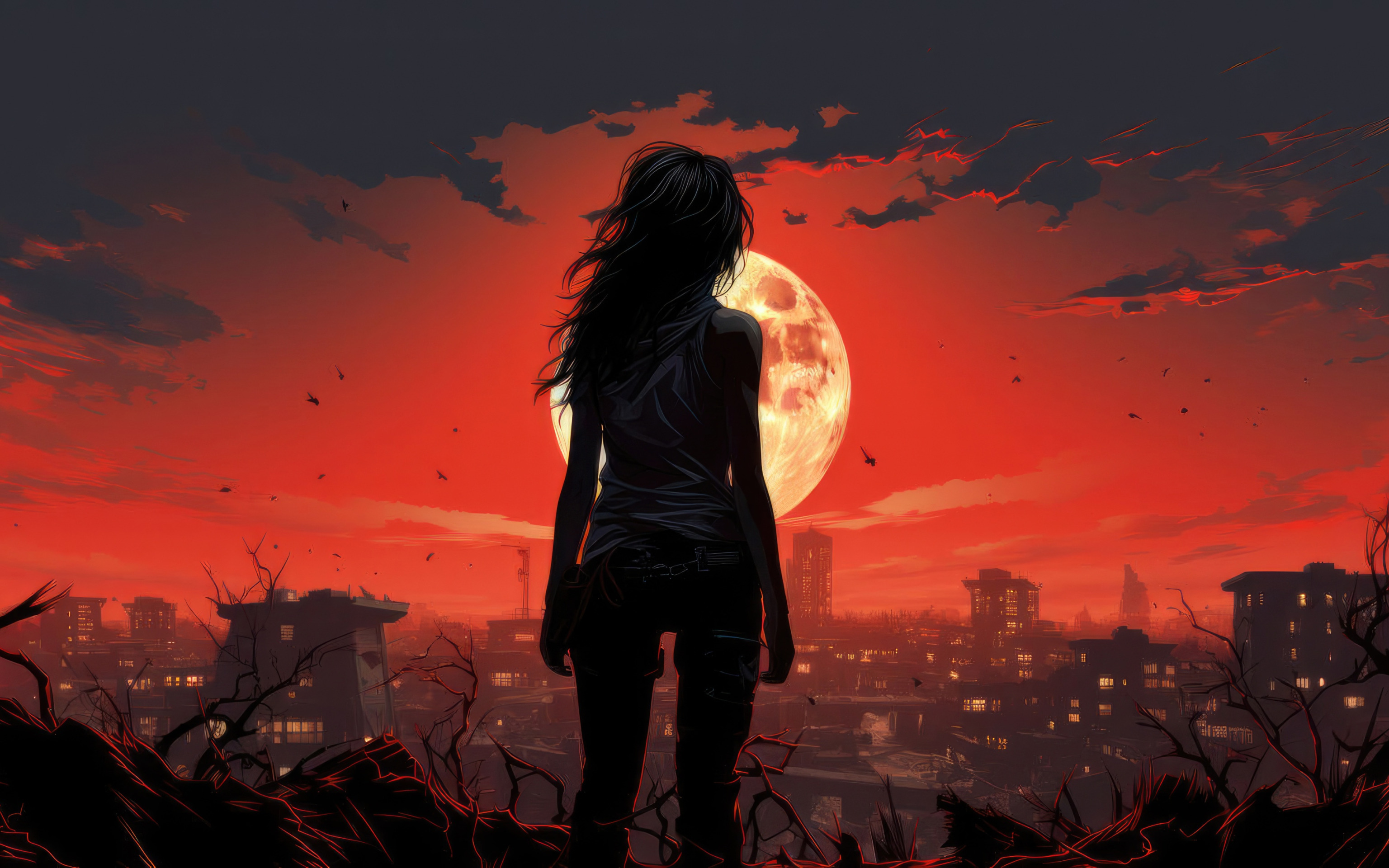 Download wallpaper girl, anime, sun, ruins, silhouette, section art in ...