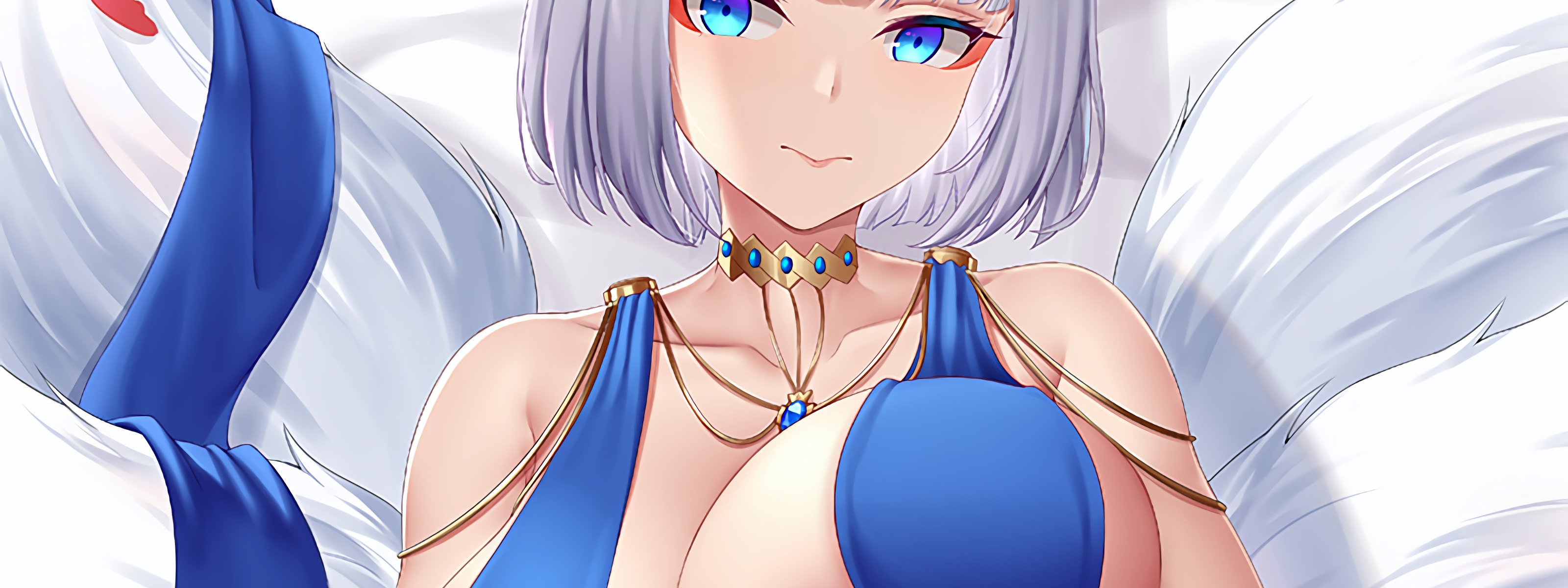 Download wallpaper girl, sexy, cleavage, dress, boobs, anime, beautiful,  short hair, section seinen in resolution 3200x1200