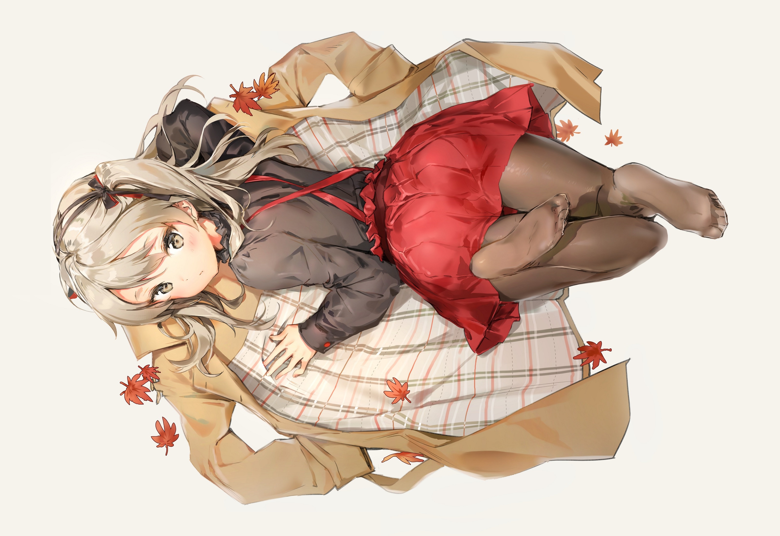 barefoot, tights, schoolgirl, cloak, grey background, maple leaves, red ski...