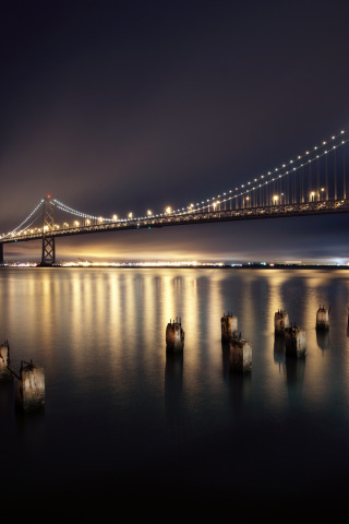 night, bridge, the city, lights, river, San Francisco