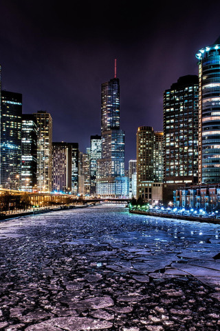 Winter, Lights, Night, River, Chicago, Skyscrapers, Building, America