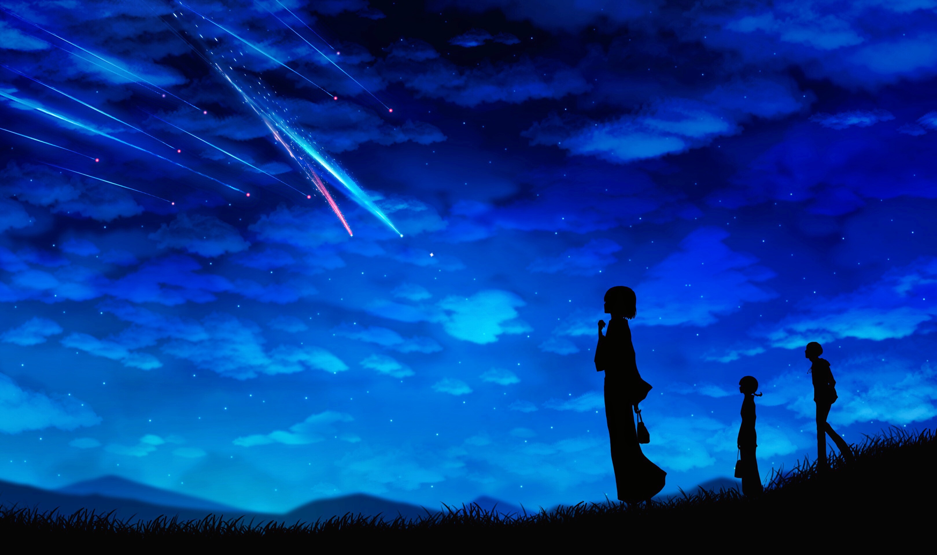 Download wallpaper the sky, stars, clouds, night, girls, anime, guy,  shooting star, section other in resolution 3240x1920