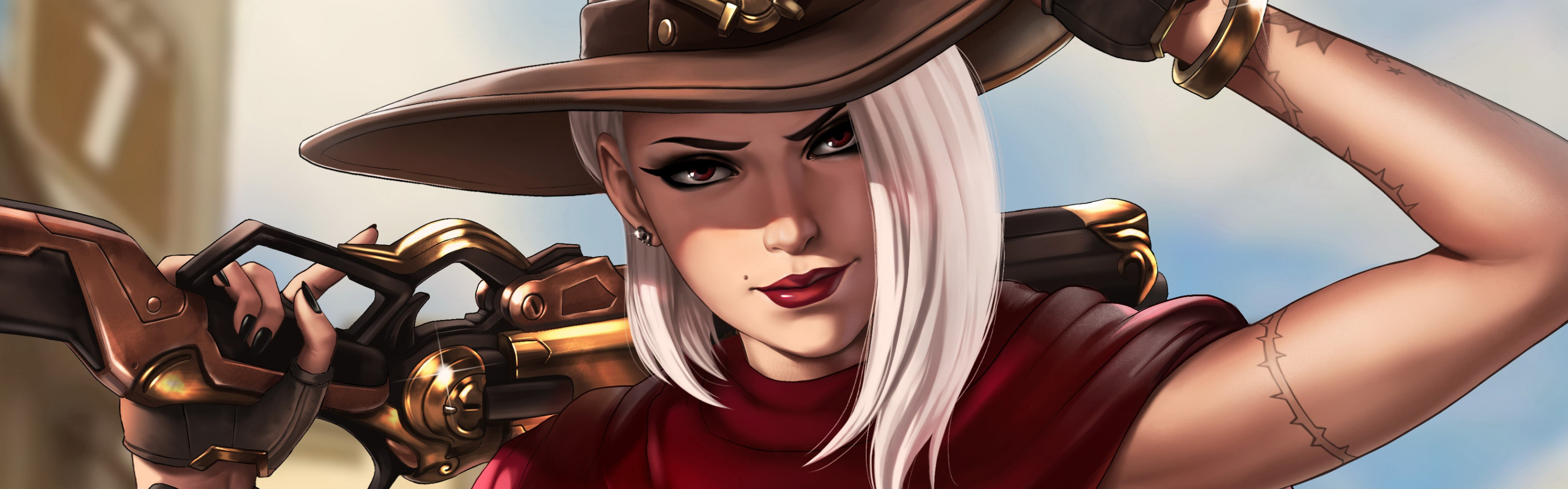 Download wallpaper girl, hat, art, Ashe, Overwatch, Ash, by Dandonfuga,  section games in resolution 3360x1050