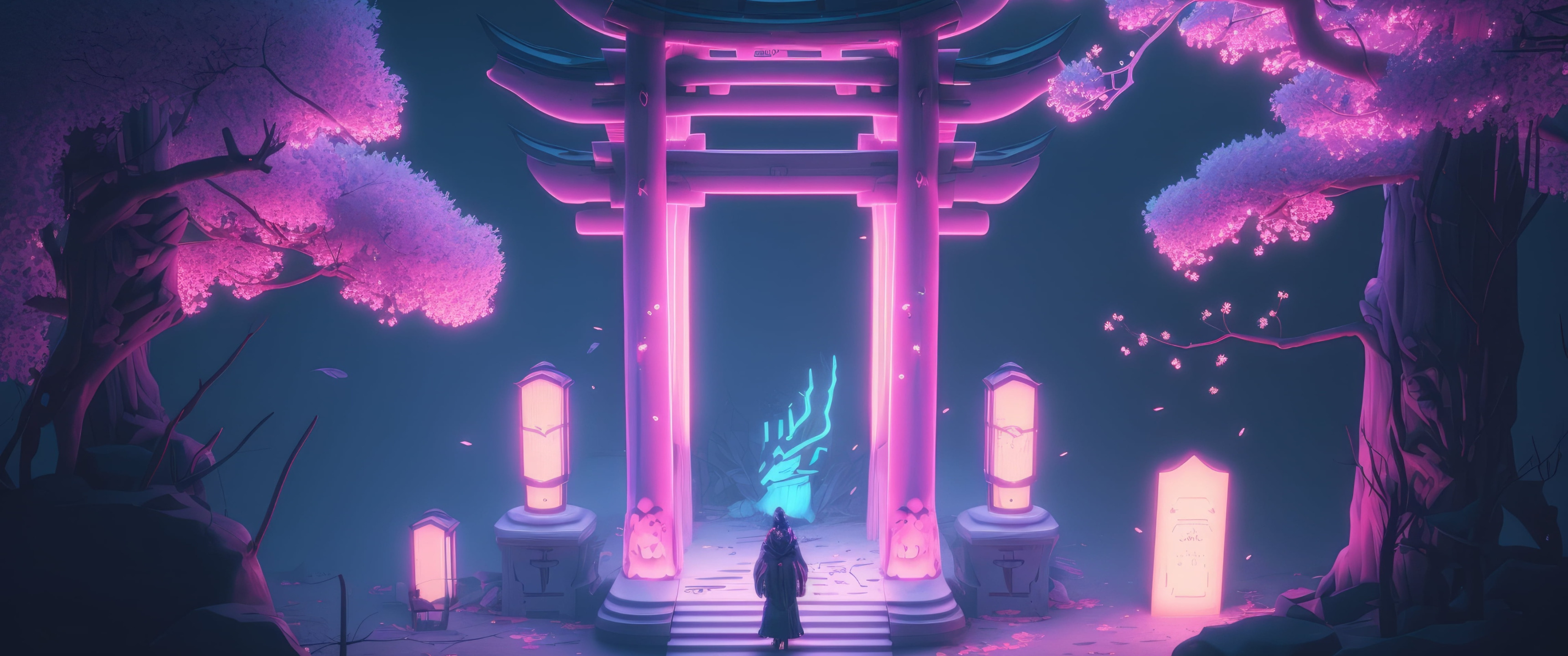 Download wallpaper night, fiction, neon, Japan, Sakura, arch, pink light, a  solitary figure, section ai art in resolution 3440x1440