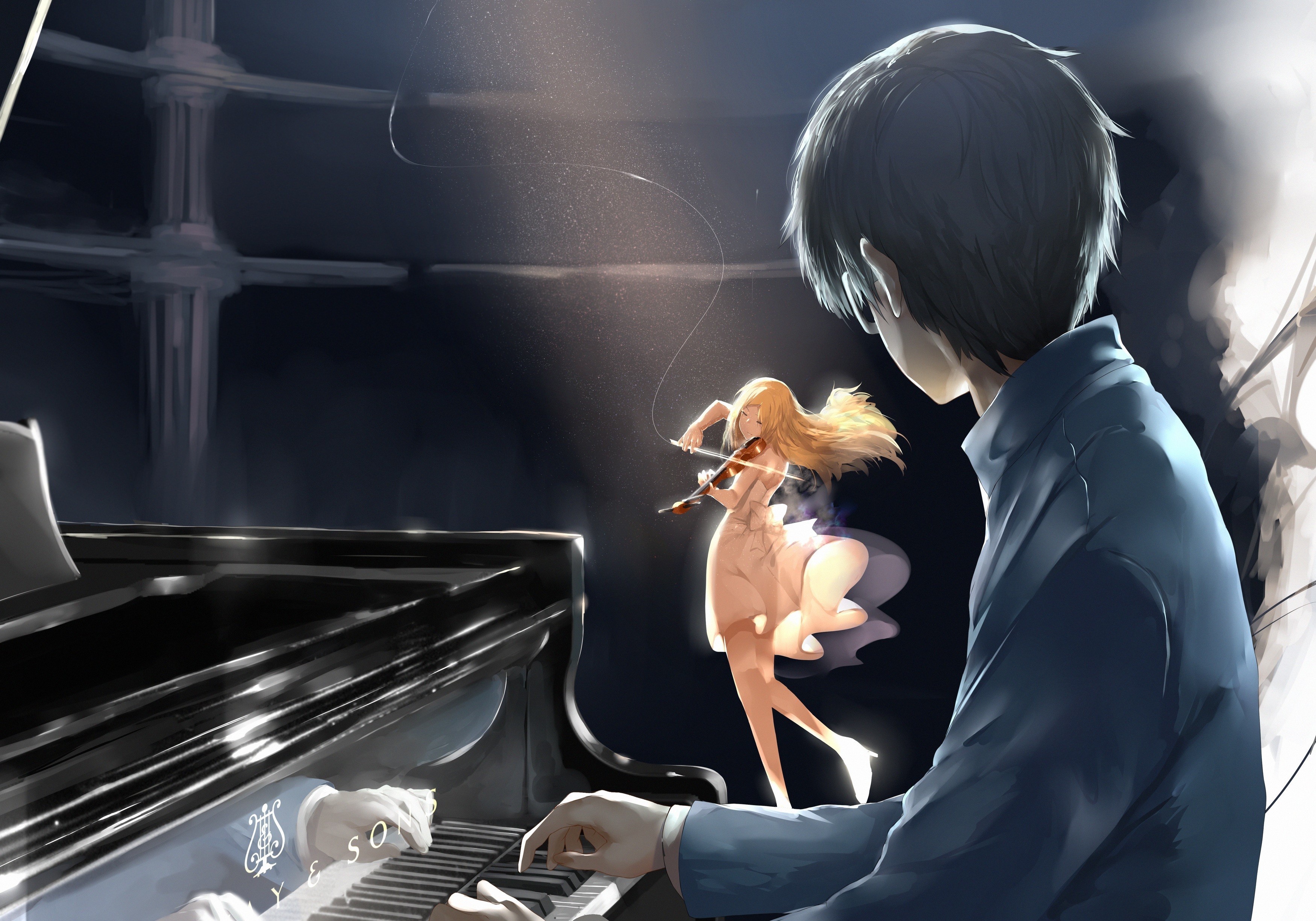 Wallpaper music, Girl, Violin, blonde, piano, piano, brunette, Shigatsu wa  Kimi no Uso for mobile and desktop, section прочее, resolution 3500x2450 -  download