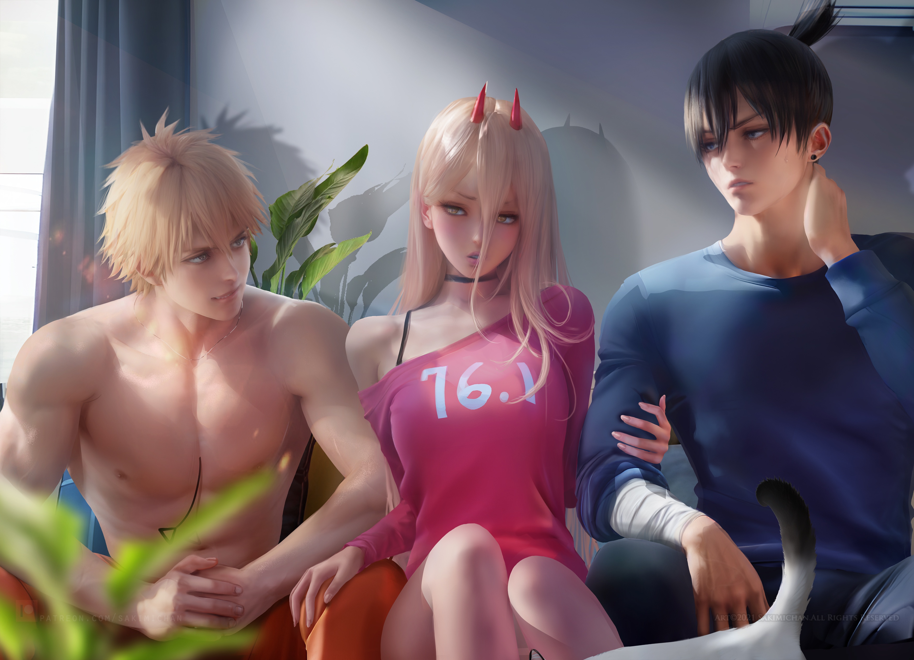 Download wallpaper cat, girl, plants, the demon, guys, Power, Sakimichan, Chainsaw  Man, section art in resolution 3500x2528