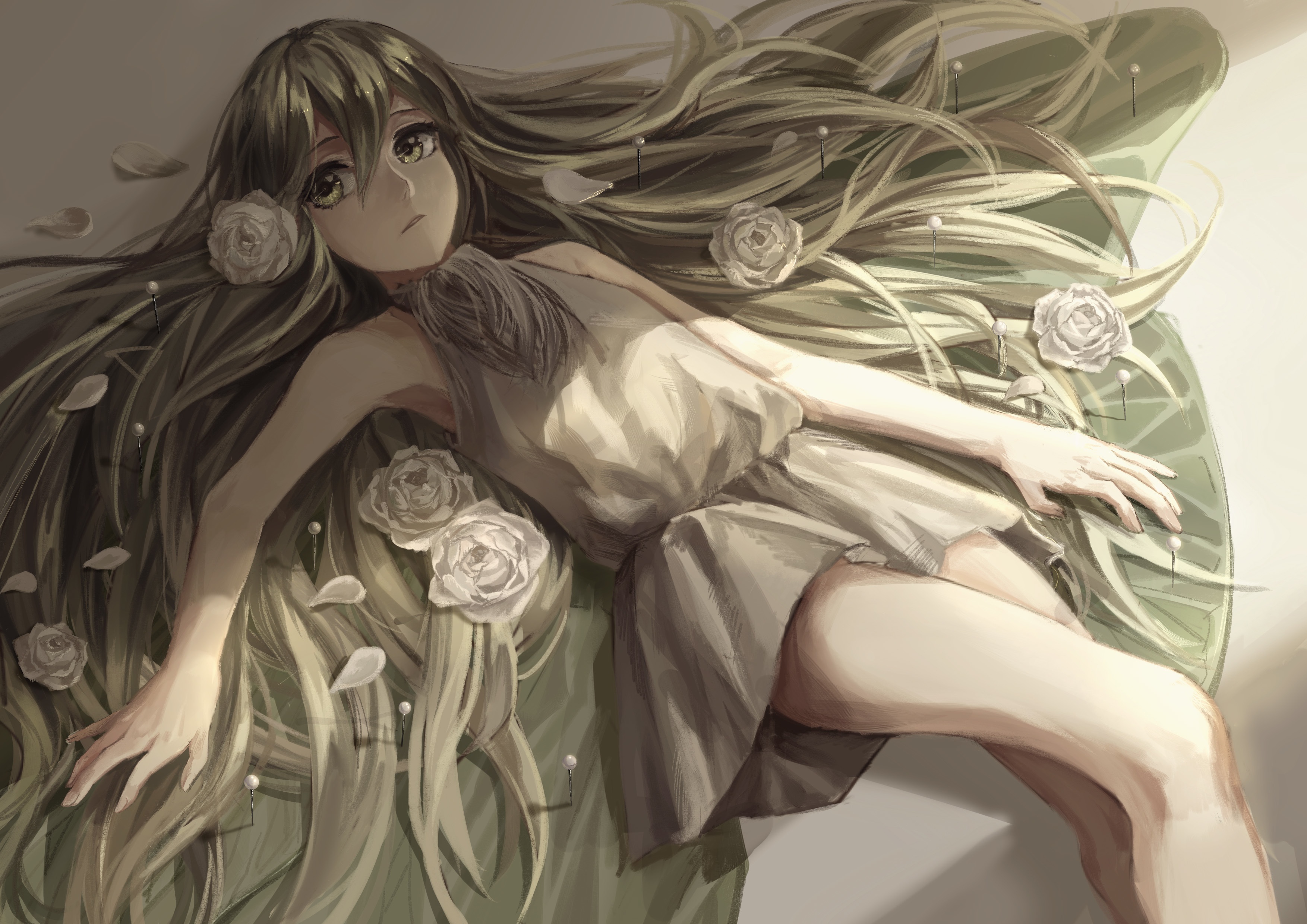 Wallpaper girl, flowers, roses, anime, petals, art, lama-pacos for mobile  and desktop, section аниме, resolution 3507x2480 - download