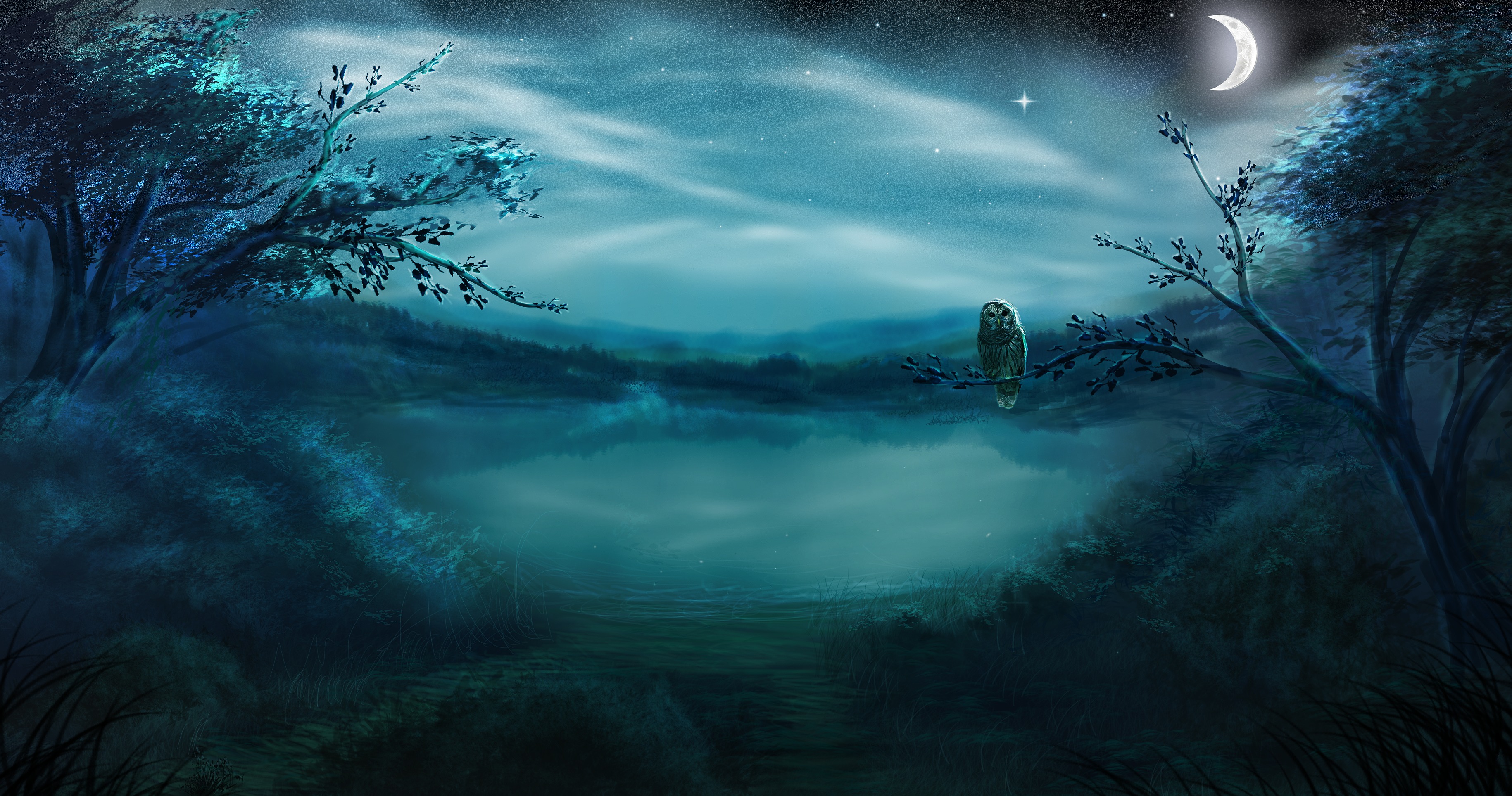 Неведомая ночь. Лунное озеро коты Воители. Мистический фон. Мистические пейзажи. Фэнтези пейзажи.