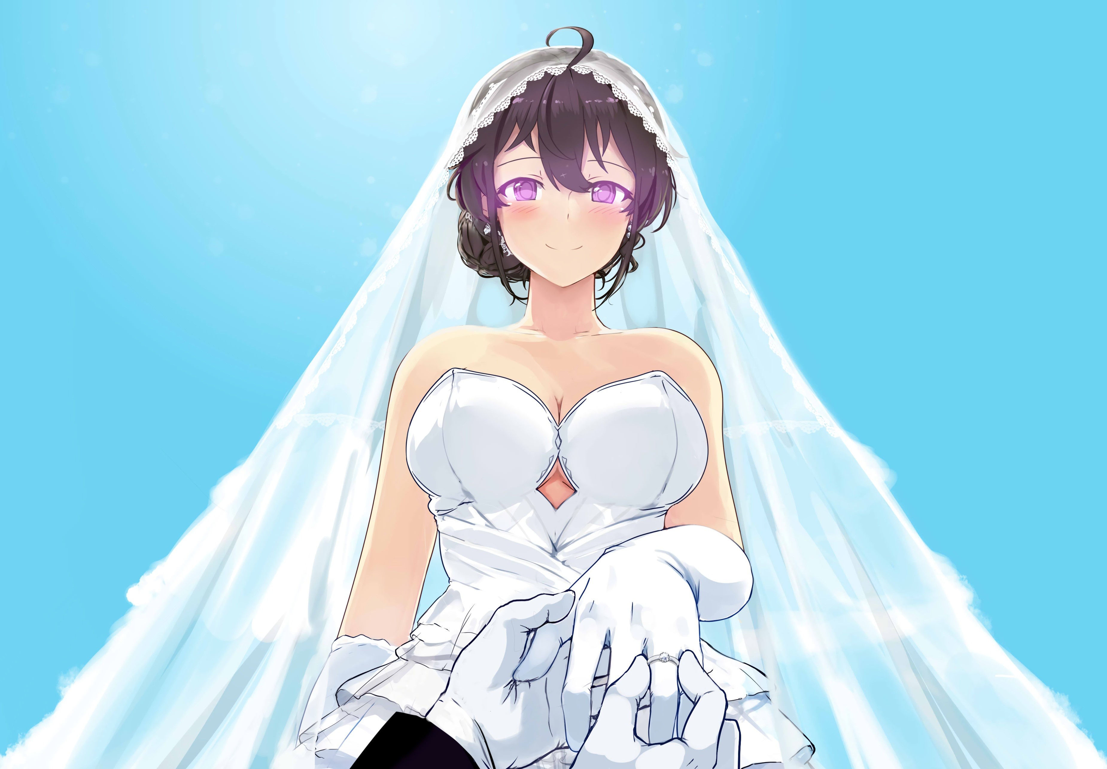 Download wallpaper dress, anime, purple eyes, <b>bride</b>, oppai, bishojo, japone...