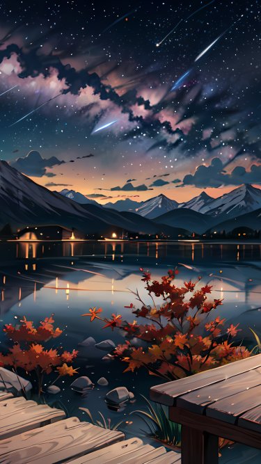 Star Fall Japan Download wallpaper Starfall, on the lake, snow-capped mountains, starry ...